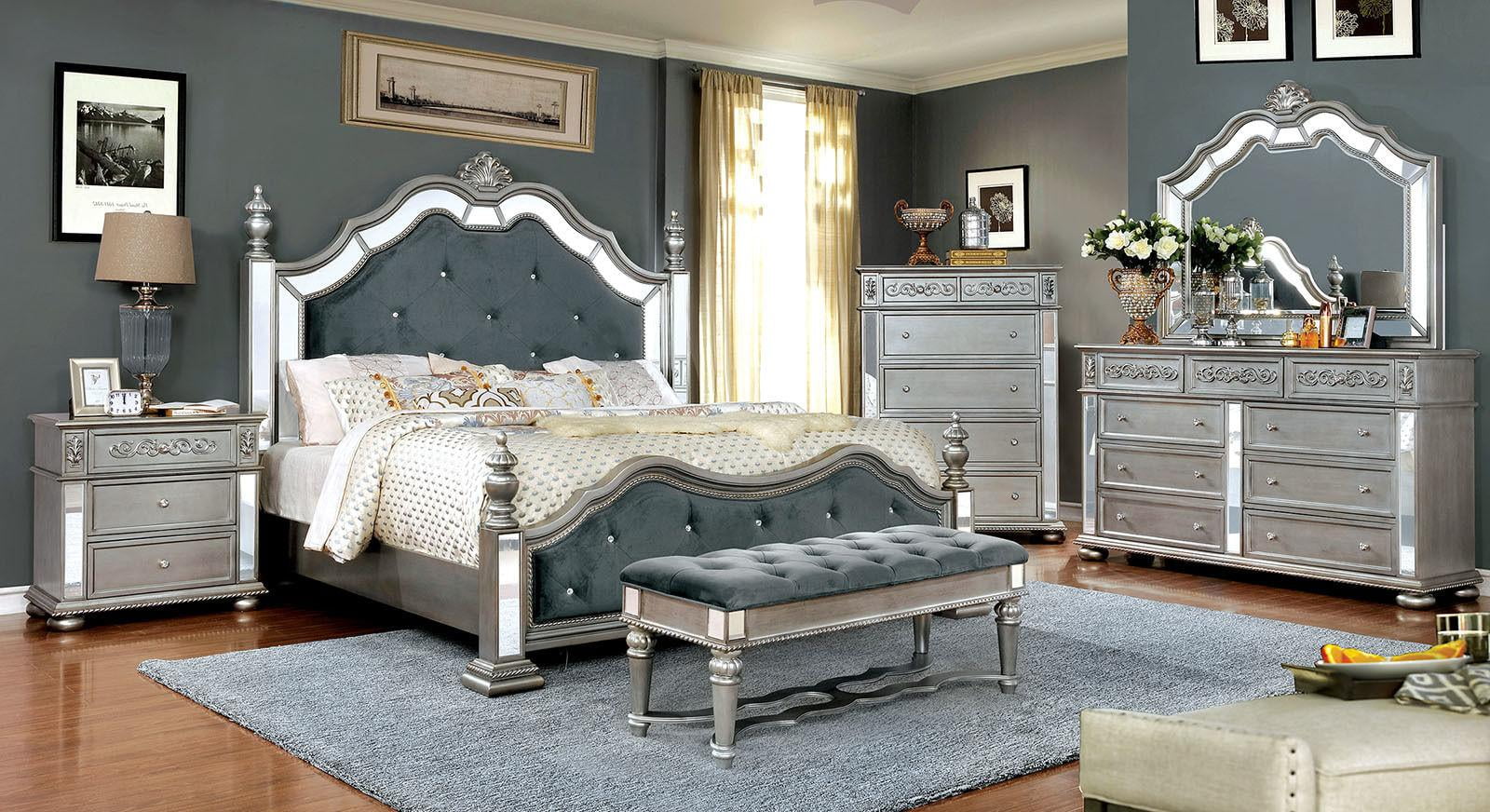 Glam Silver Solid Wood King Bedroom Set 5pcs FOA CM7194 Azha