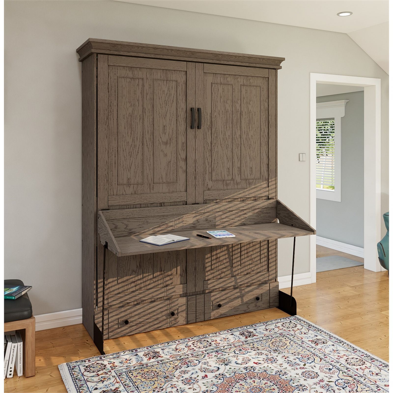 Pemberly Row Transitional Queen Solid Wood Murphy Wall Desk Bed in Gray