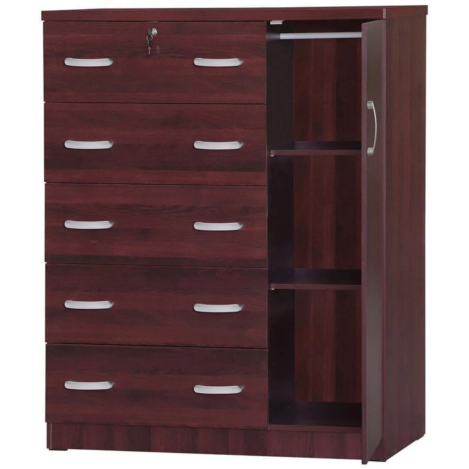 Home Square 2-Piece Set with Pine Twin Bed and Tall Chest Wardrobe in Mahogany