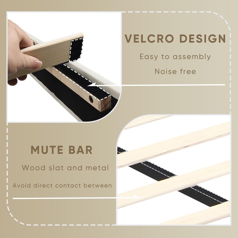 Full/Queen Size Platform Bed Frame with Fabric Upholstered Headboard and Wooden Slats Queen