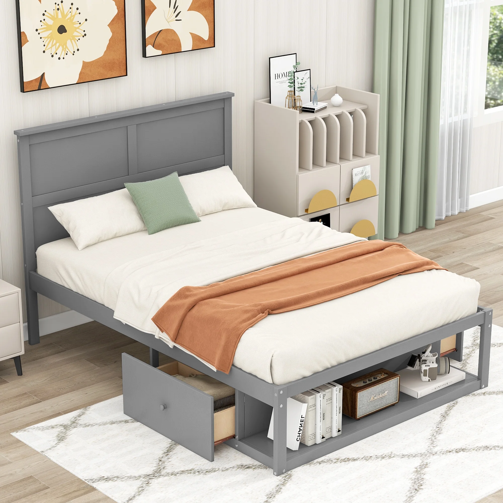 Full Size Bed Frame Wooden Platform Bed with Drawer on the Each Side and Shelf on the End of the Bed/No Box Spring Needed/Noise Free (Gray)