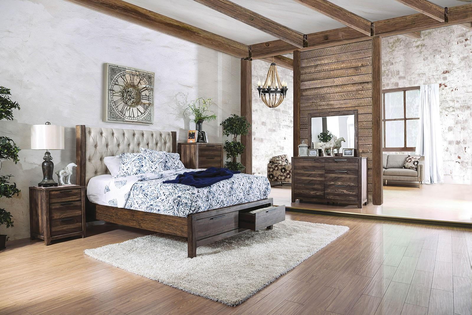 Rustic Natural Solid Wood King Bedroom Set 5pcs FOA CM7577DR-EK Hutchinson
