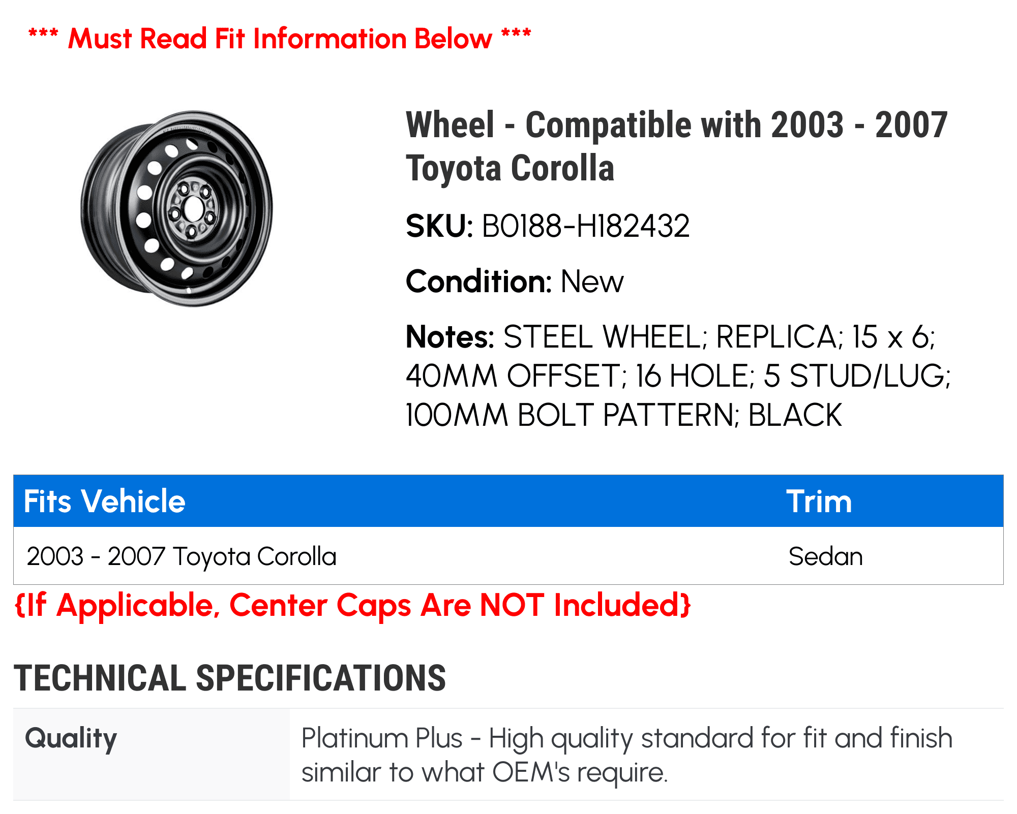Wheel - Compatible with 2003 - 2007 Toyota Corolla 2004 2005 2006