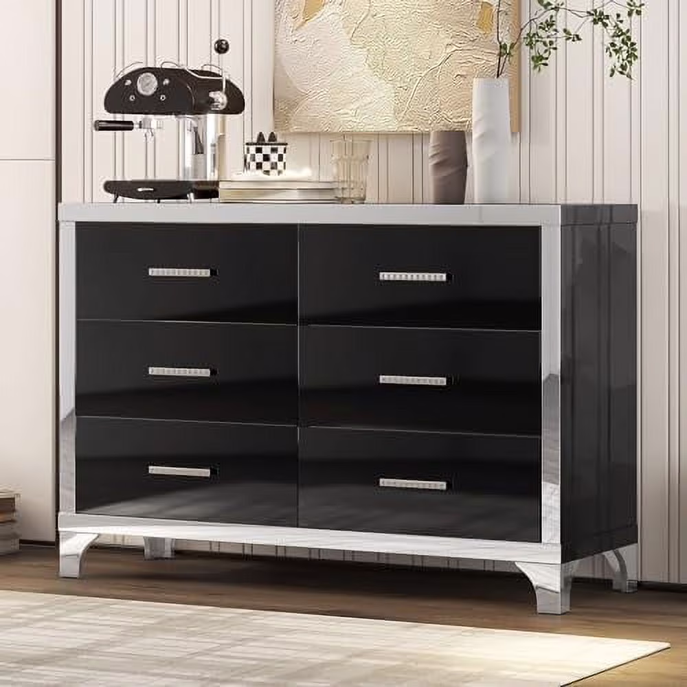 RUNFAYBIU Modern Mirrored 6-Drawer Dresser  High Gloss Wooden Dresser with Metal Handles for Bedroom  Living Room  Mirrored Silver Frame  Black