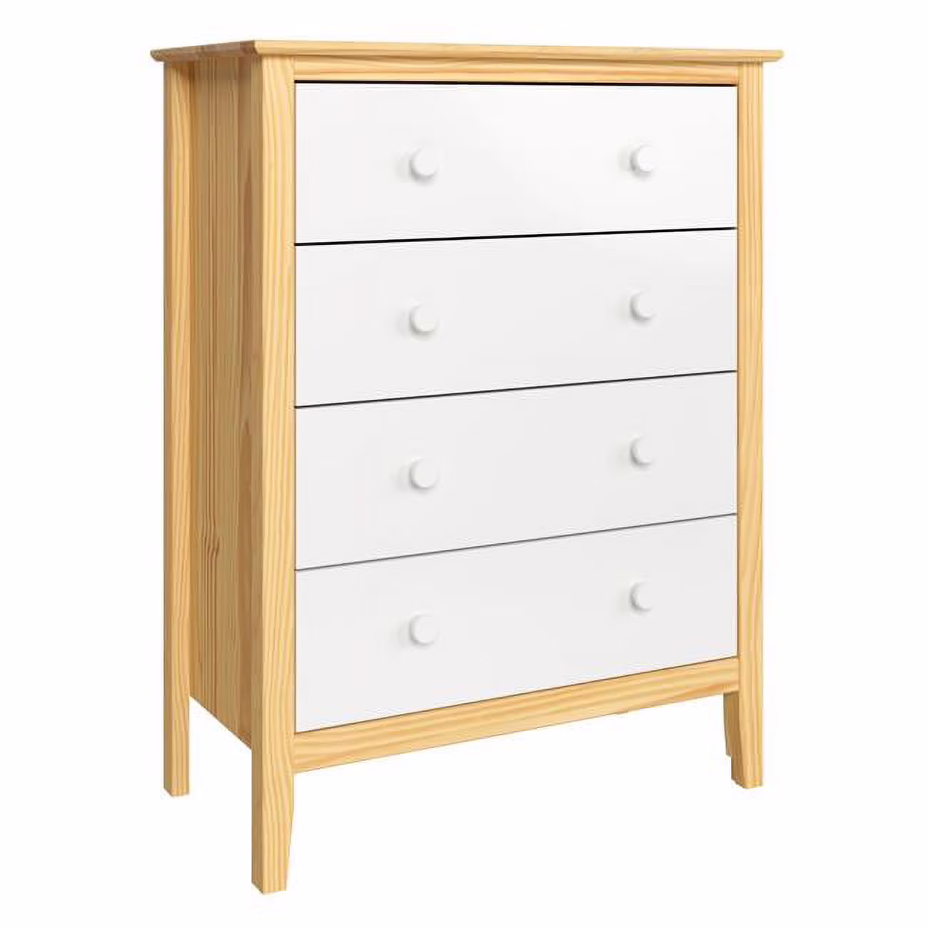 Solid Wood 4 Drawer Dresser with White Front, White & Natural Knobs, Natural