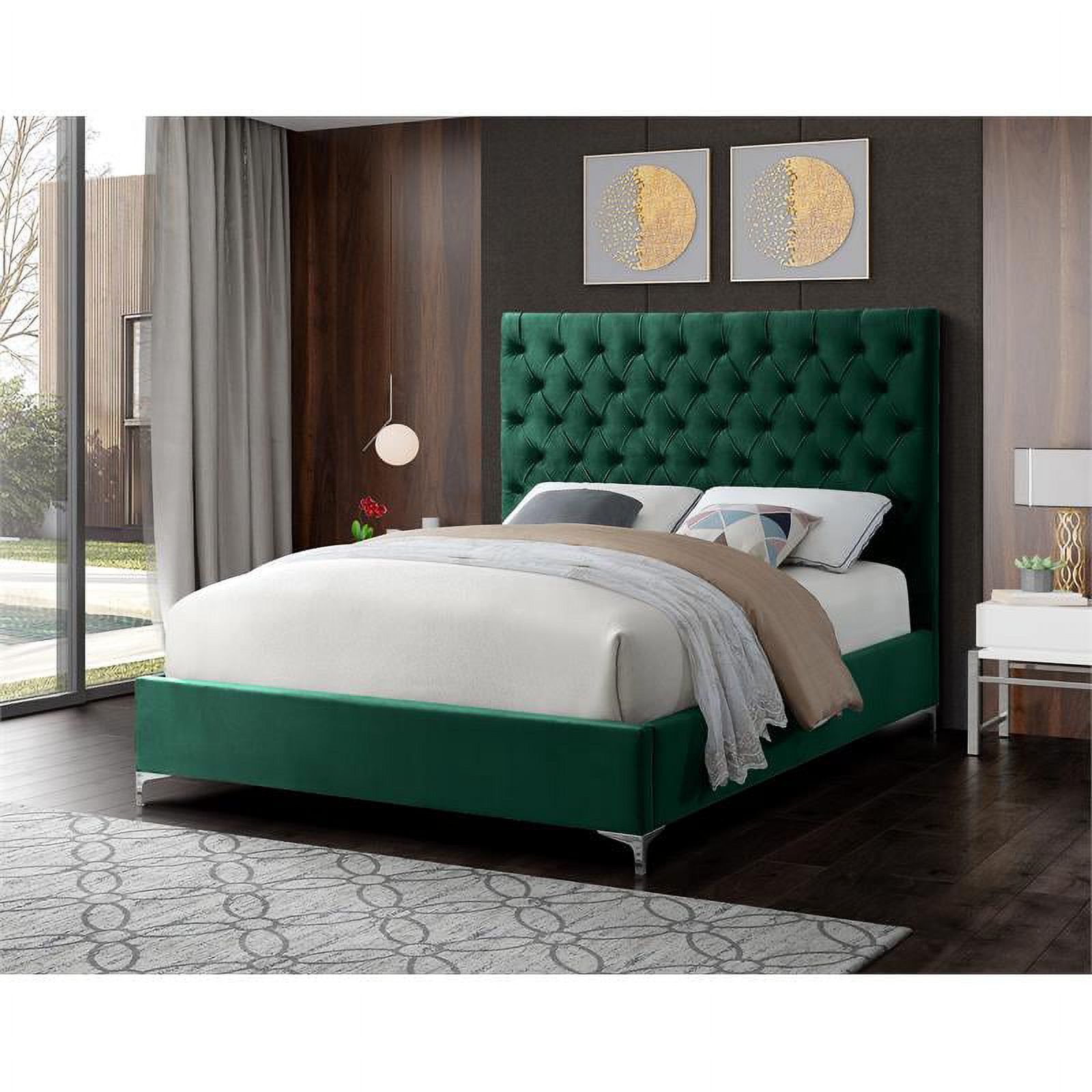 Maklaine Contemporary Solid Wood Tufted Velvet King Bed in Green