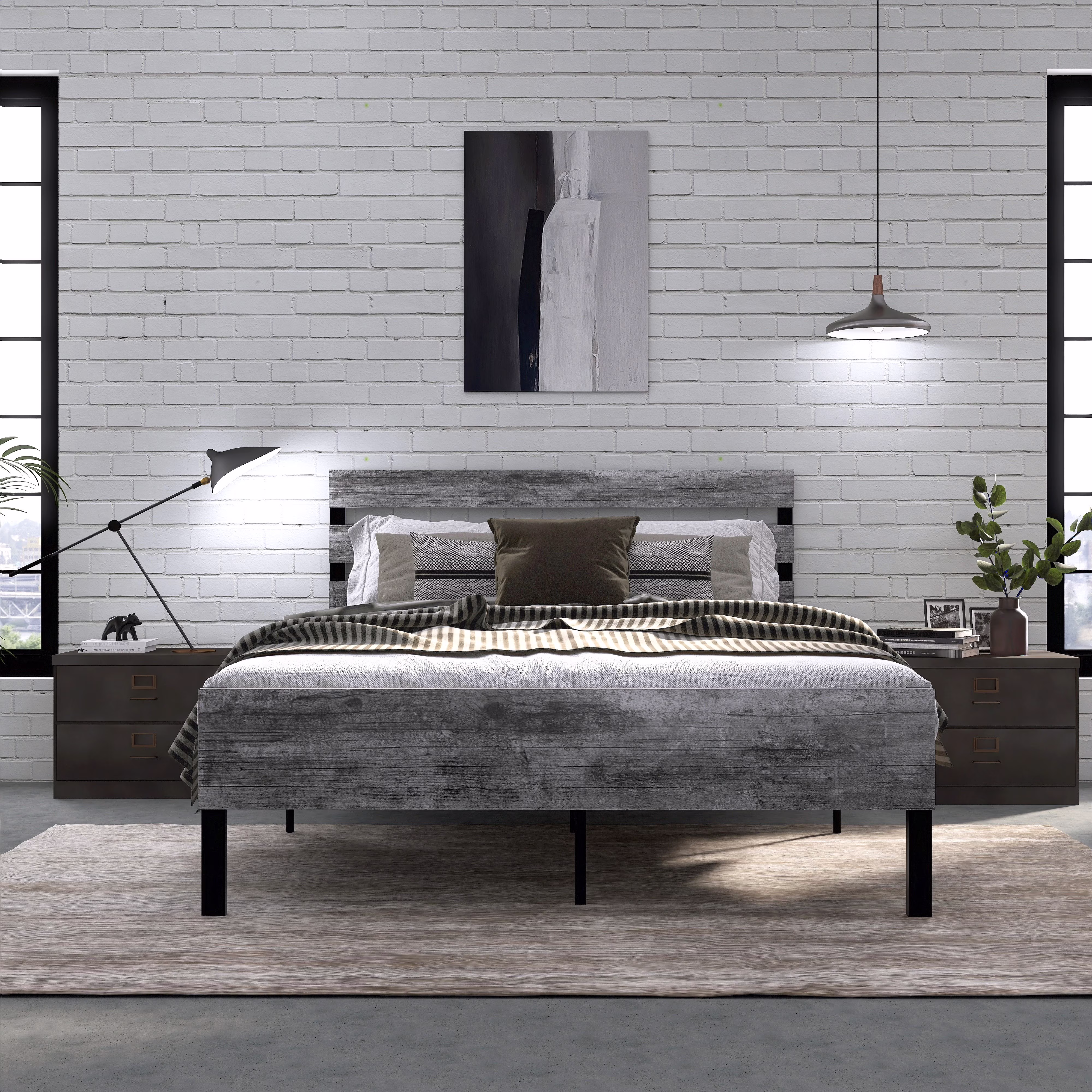 HESTINYSUS Metal and Wood Platform Bed Frame/No Box Boxes/Plate Support/Easy to Assemble/Queen Size/Gray