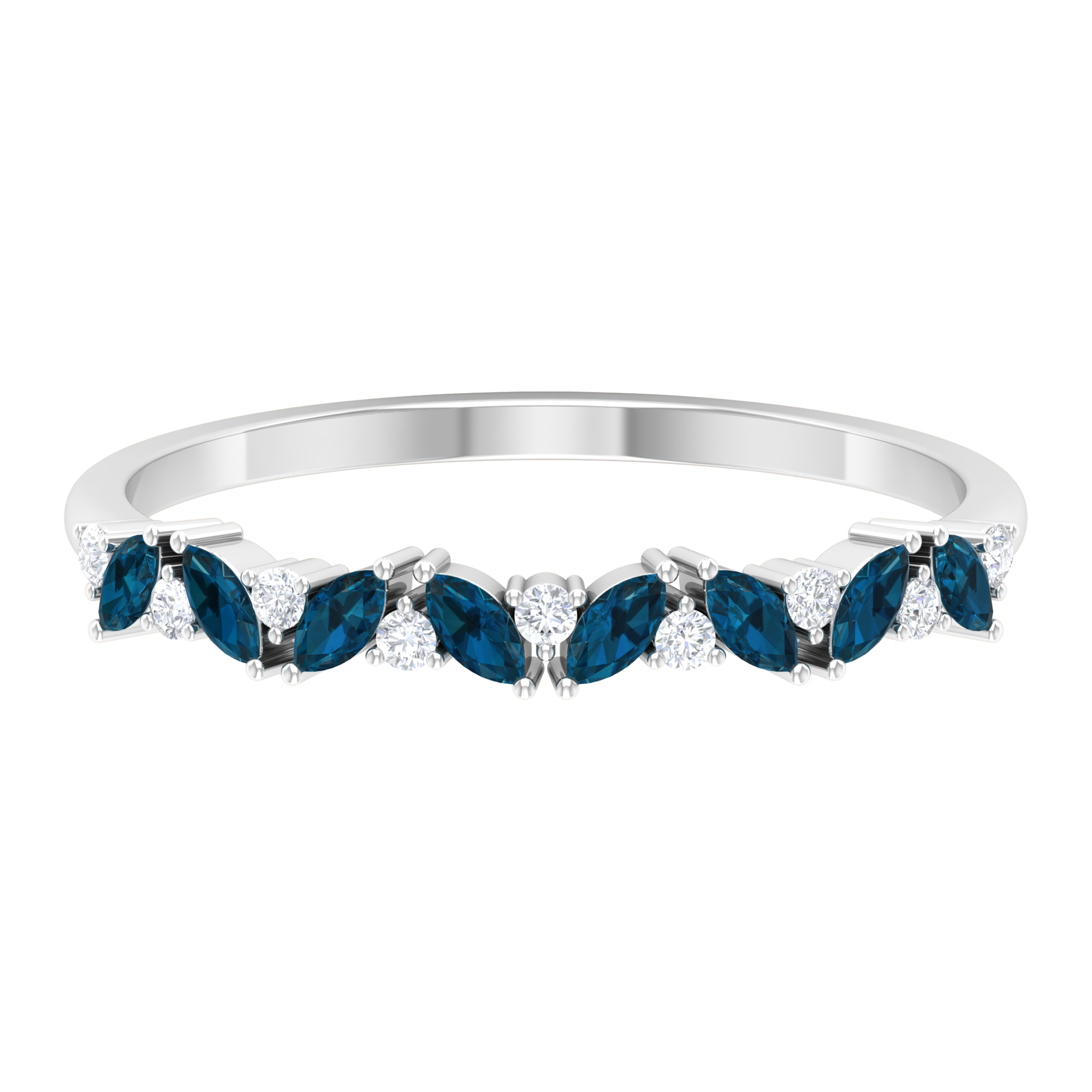 London Blue Topaz and Diamond Eternity Ring, Marquise Topaz Semi Eternity Ring, Diamond Stackable Ring, 925 Sterling Silver, US 4.00