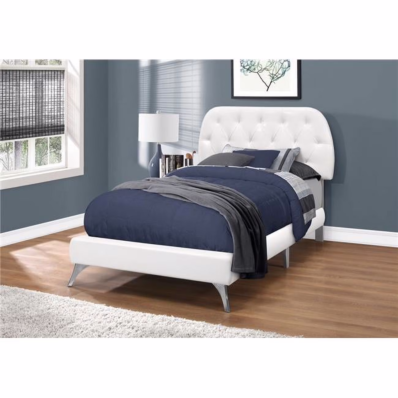 45.25 in. White Solid Wood, MDF, Foam & Linen Twin Sized Bed with Chrome Legs