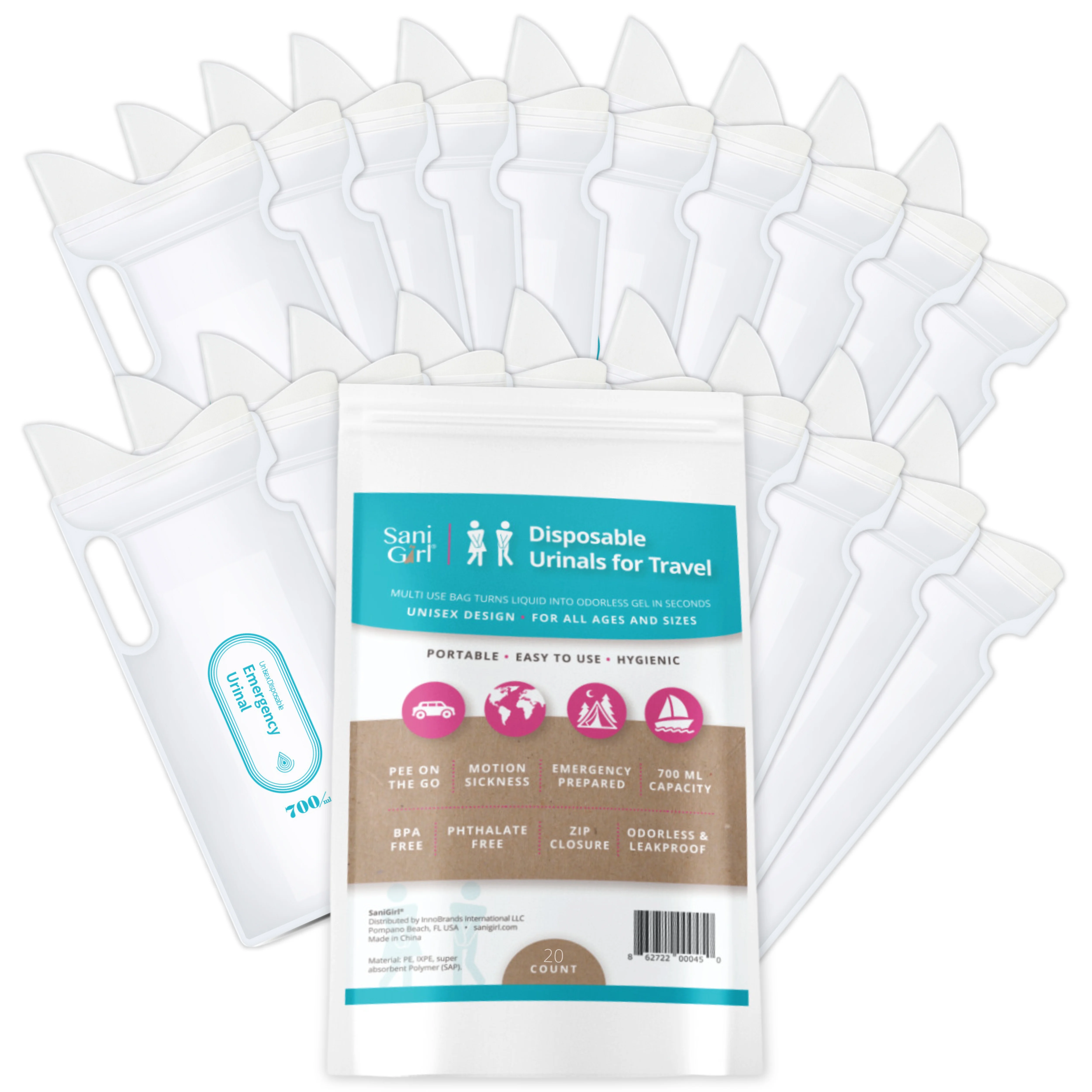 SaniGirl Disposable Urinals for Travel for Women Men Kids | Emergency Urinal |Female Urinal | Pee Bags | Camping Toilet | Portable Urinals Camping | Car Sick Bags | Road Trips Boating (Pack of 20)