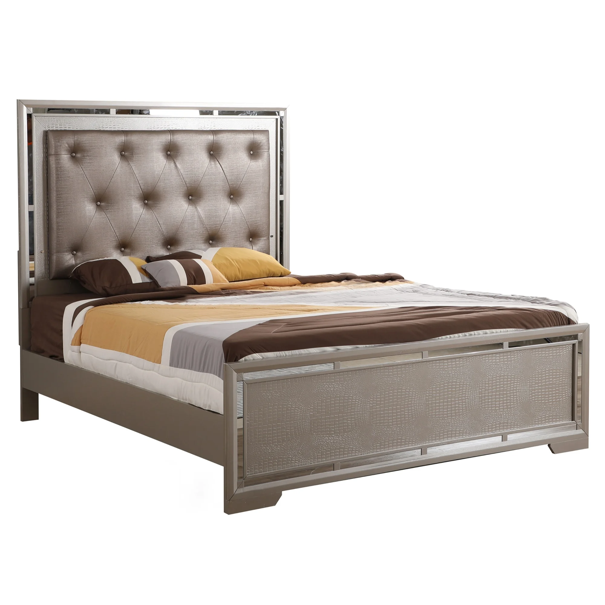 Passion Furniture  Alana Glam Panel Bed, Silver Champagne - Queen Size