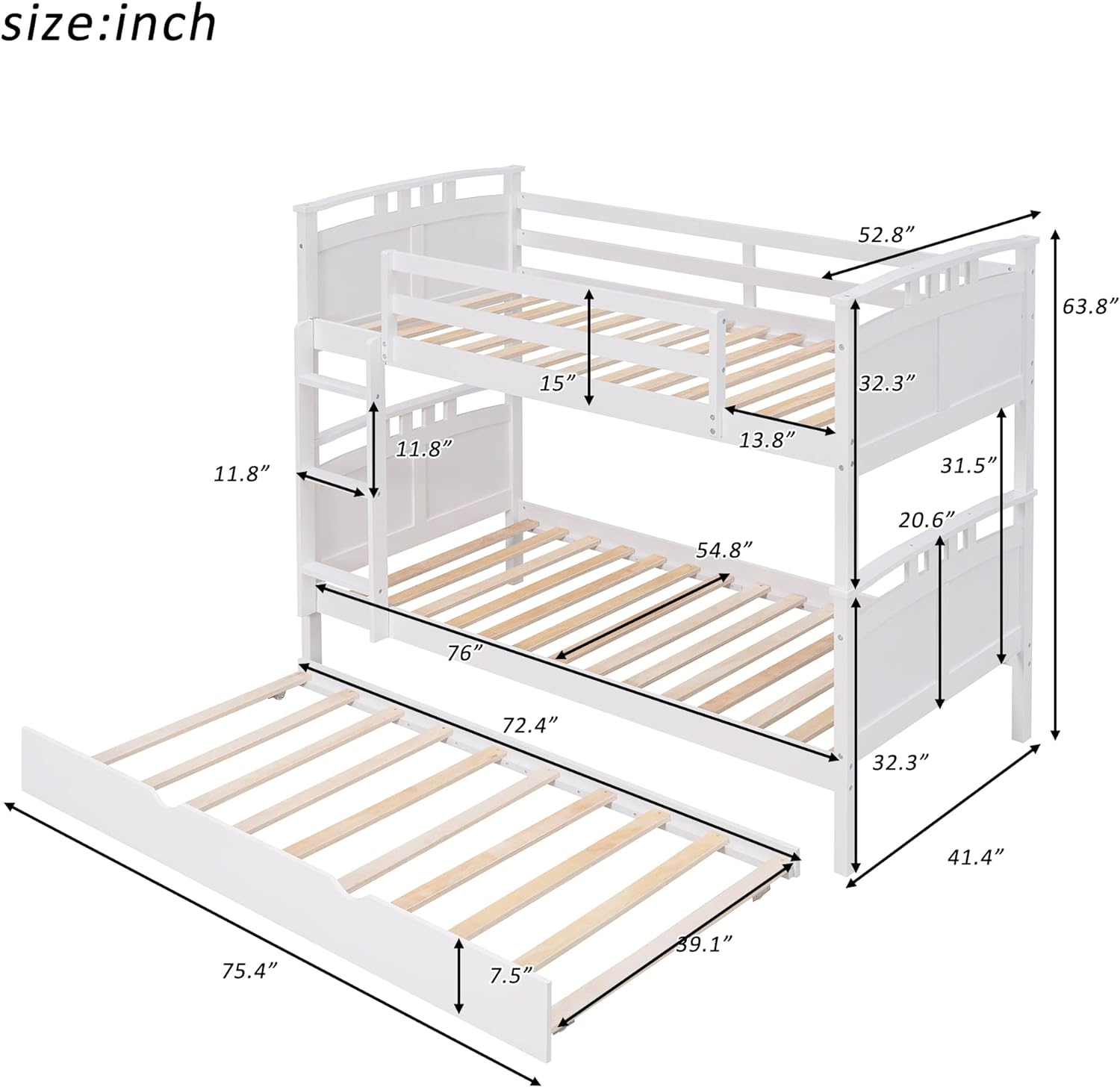 Wooden Bunk Bed With Trundle, Separable Bunk Bed Can Be Separated Into 2 Beds, White