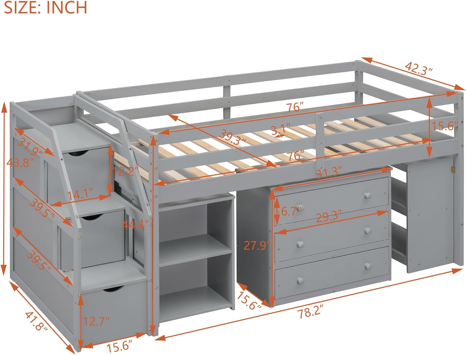 Low Lof Bed Wih Sairs Ad Desk, Size Lof Bed Frame Wih Sorage Drawers Ad Shelves, Wood Kids Lof Bed Wih Seps For Boys Girls ees Juiors, Gray