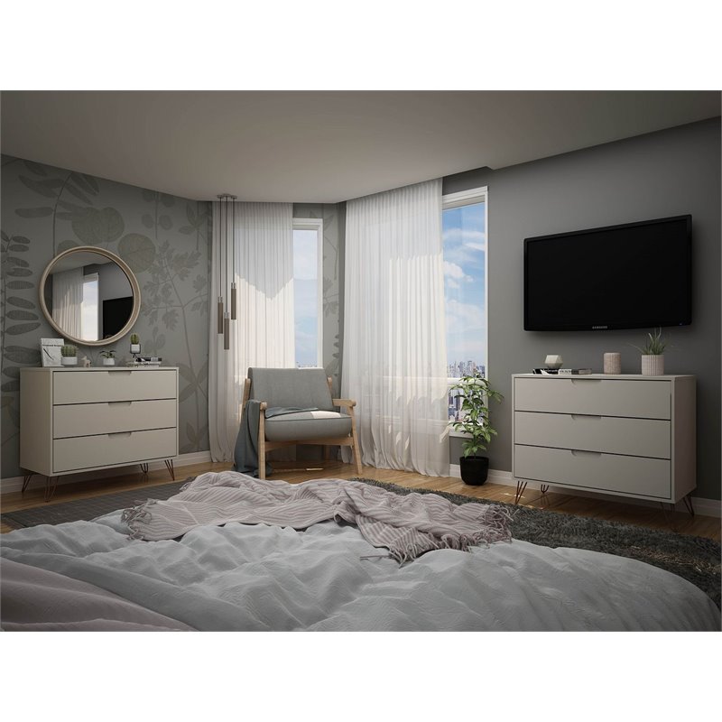 Manhattan Comfort Rockefeller 3-Drawer Off White and Nature Dresser (Set of 2)