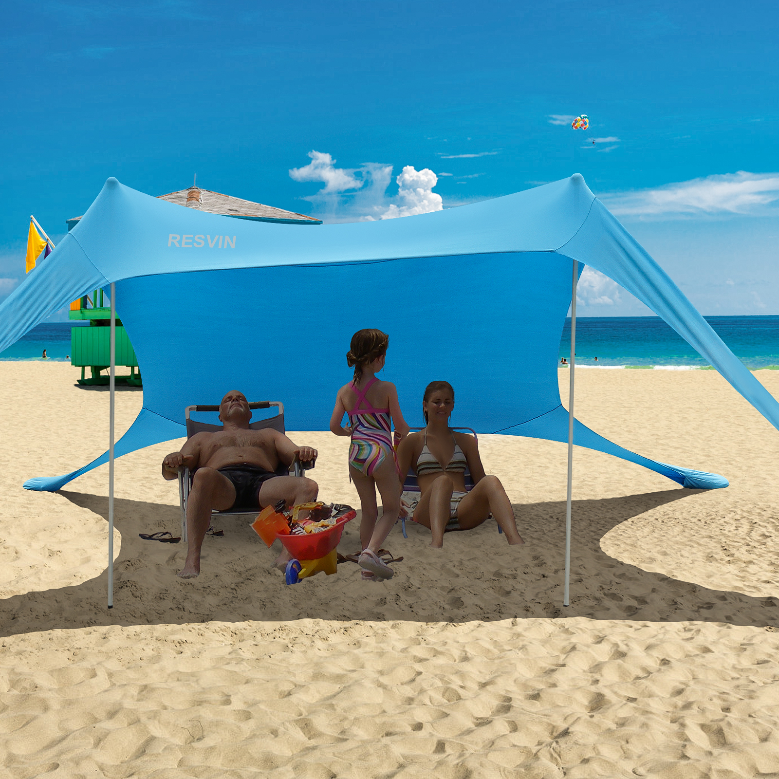 Family Beach Tent with Aluminum Poles, Pop Up Beach Sunshade with Carrying Bag (Blue, 7X7 FT)