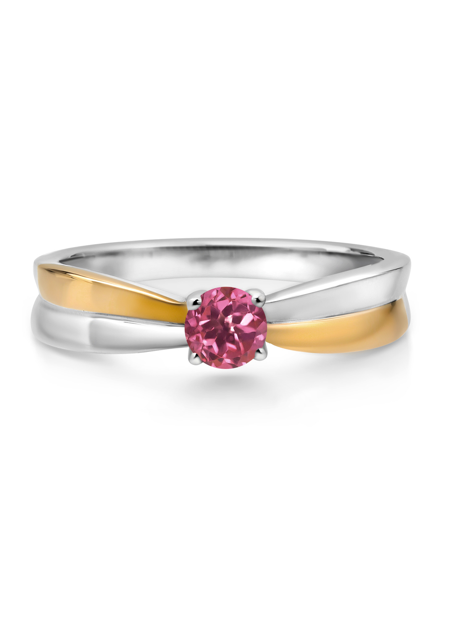 Gem Stone King 925 Silver and 10K Yellow Gold Pink Tourmaline Solitaire Engagement Ring For Women (0.25 Cttw, Round 4MM, Gemstone Birthstone, Available In Size 5, 6, 7, 8, 9)