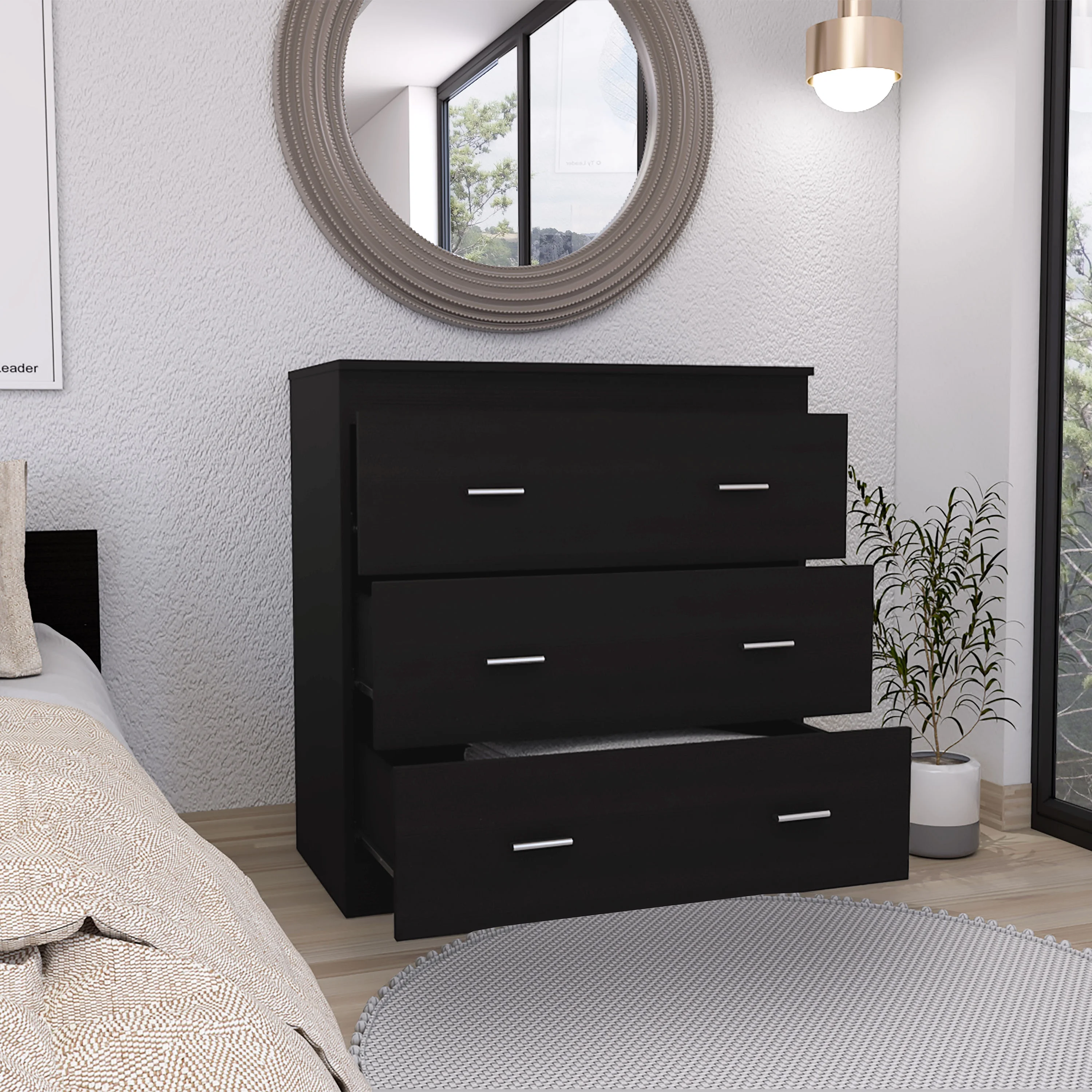 CoSoTower Three Drawer Dresser Litress, Metal Handles, Black Wengue Finish