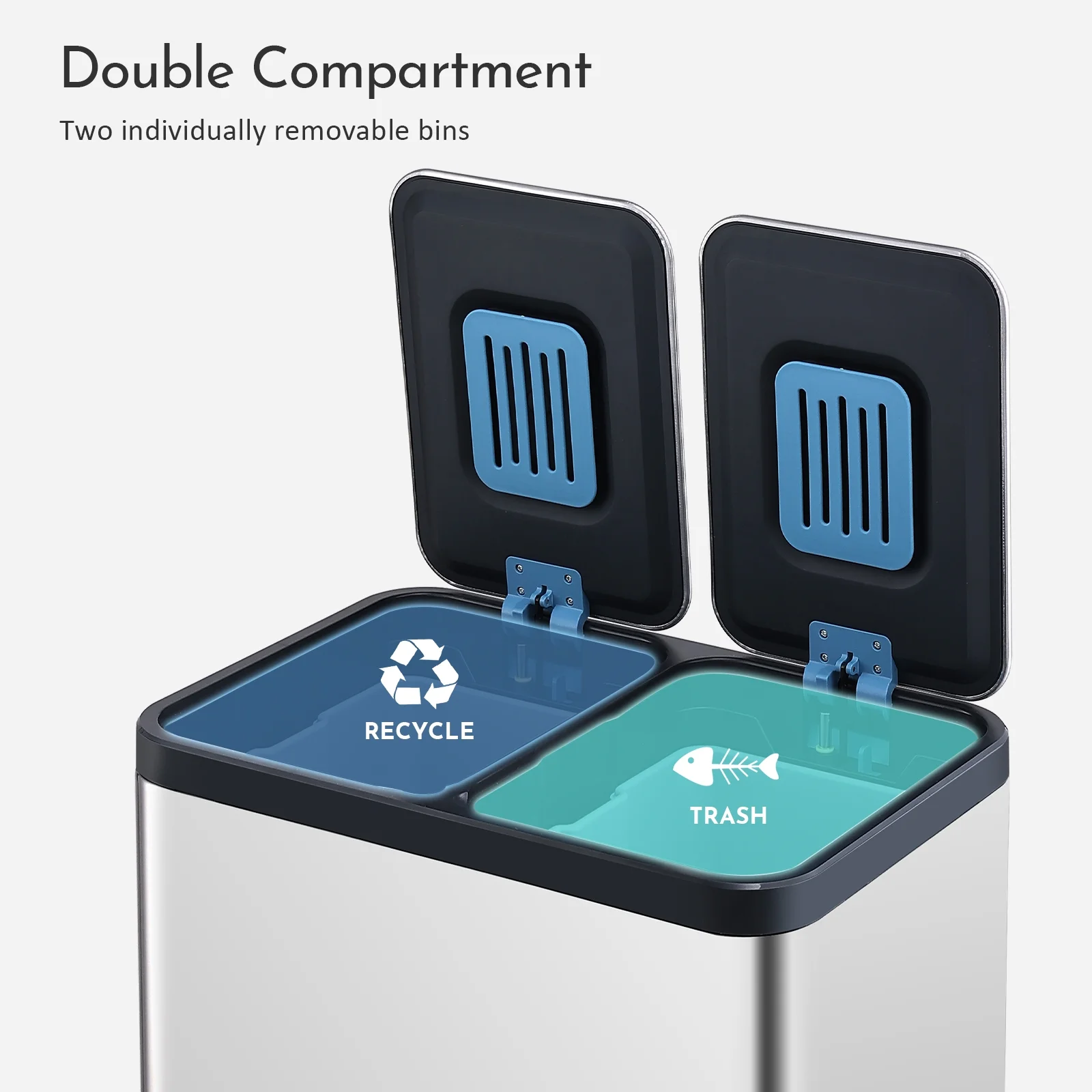 ELPHECO Dual Compartment Recycling Kitchen Step Trash Can 13.2 Gallon (2×25L) Stainless Steel Garbage Can for Kitchen with 2 Removable Buckets and Lids