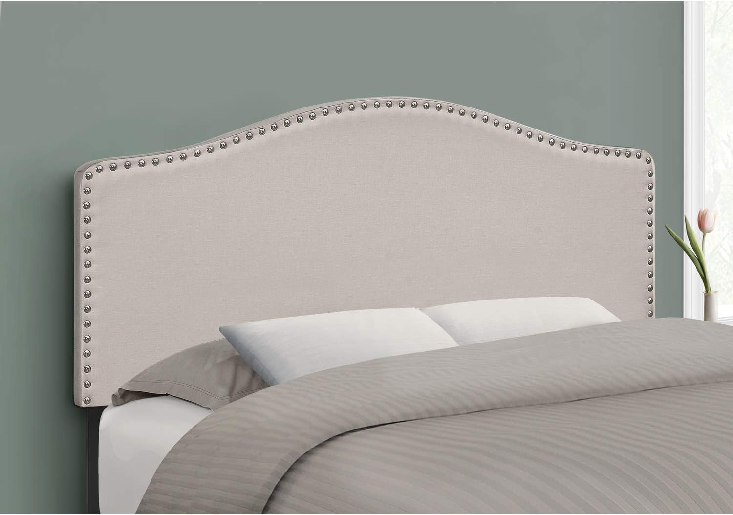 Bedroom, Upholstered, Look, Beige, Transitional Bed Size Linen Headboard