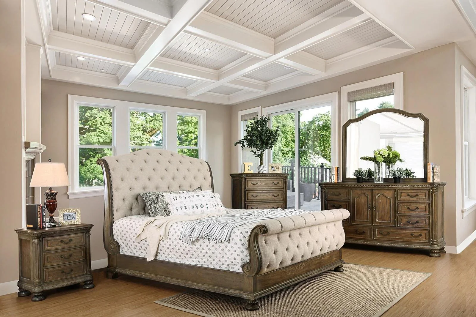 Transitional Natural Solid Wood Queen Bedroom Set 6pcs FOA CM7663 Lysandra