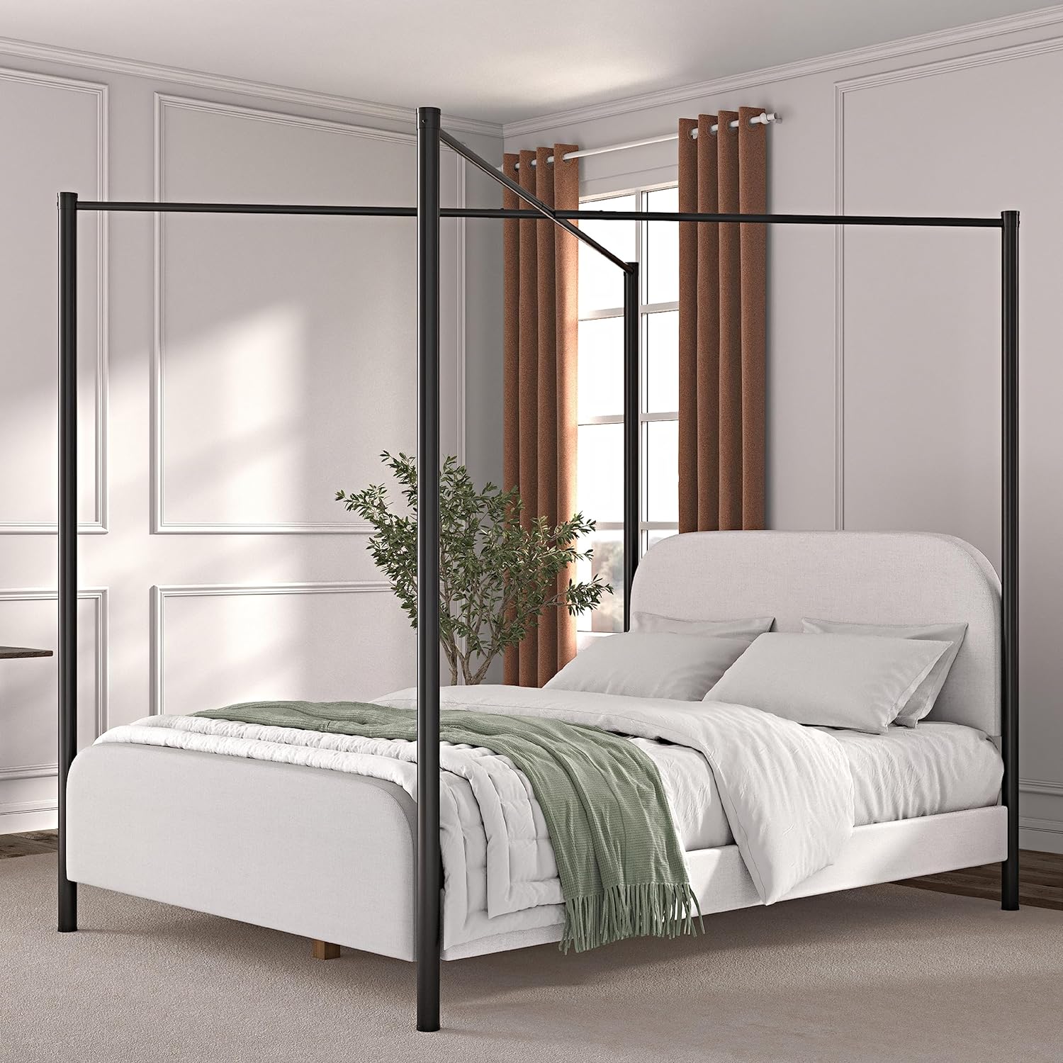 Isla Canopy Platform Bed Frame – Modern Queen Bed With Upholstered Headboard And Footboard, Metal Crisscross Canopy Design – Full Wooden Slats, No Box Spring Required