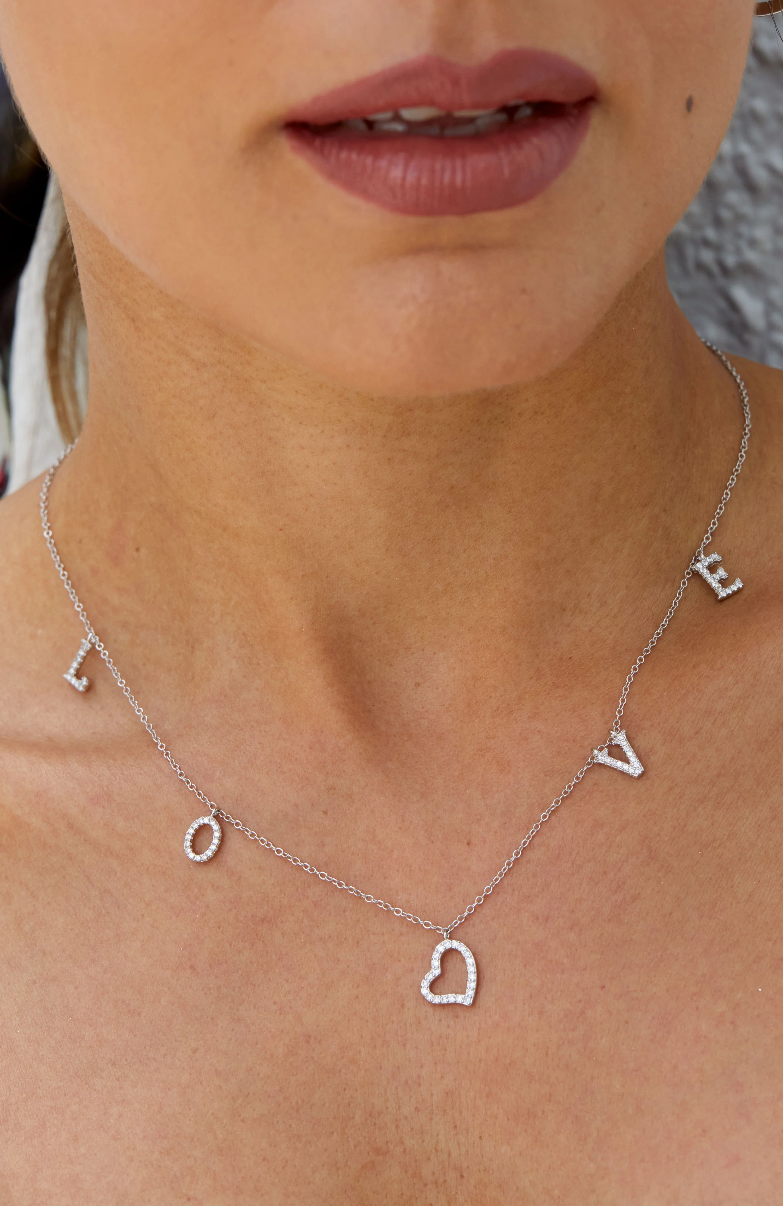 Sterling Silver 925 WHITE CZ LOVE DANGLE NECKLACE