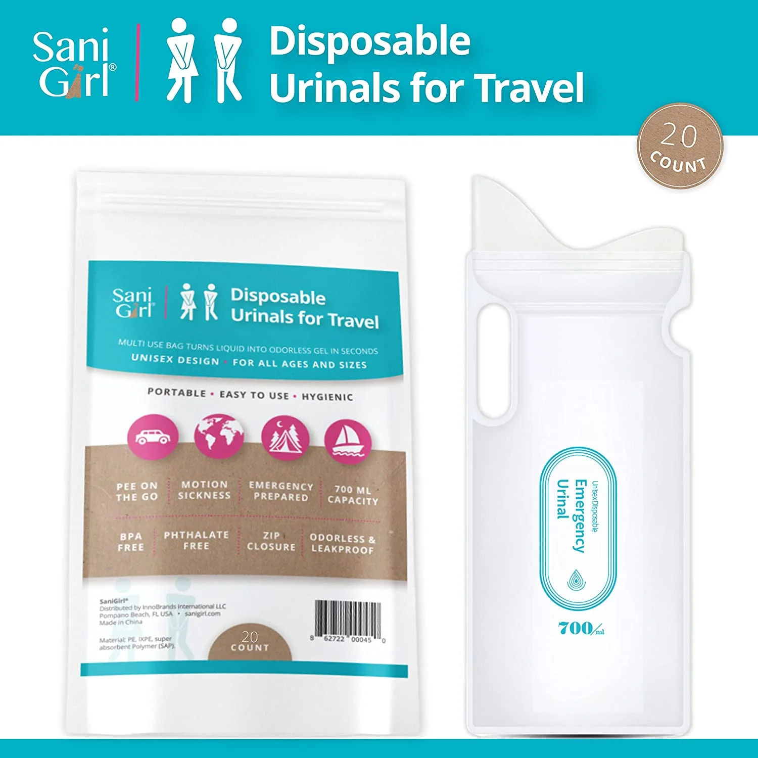 SaniGirl Disposable Urinals for Travel for Women Men Kids | Emergency Urinal |Female Urinal | Pee Bags | Camping Toilet | Portable Urinals Camping | Car Sick Bags | Road Trips Boating (Pack of 20)