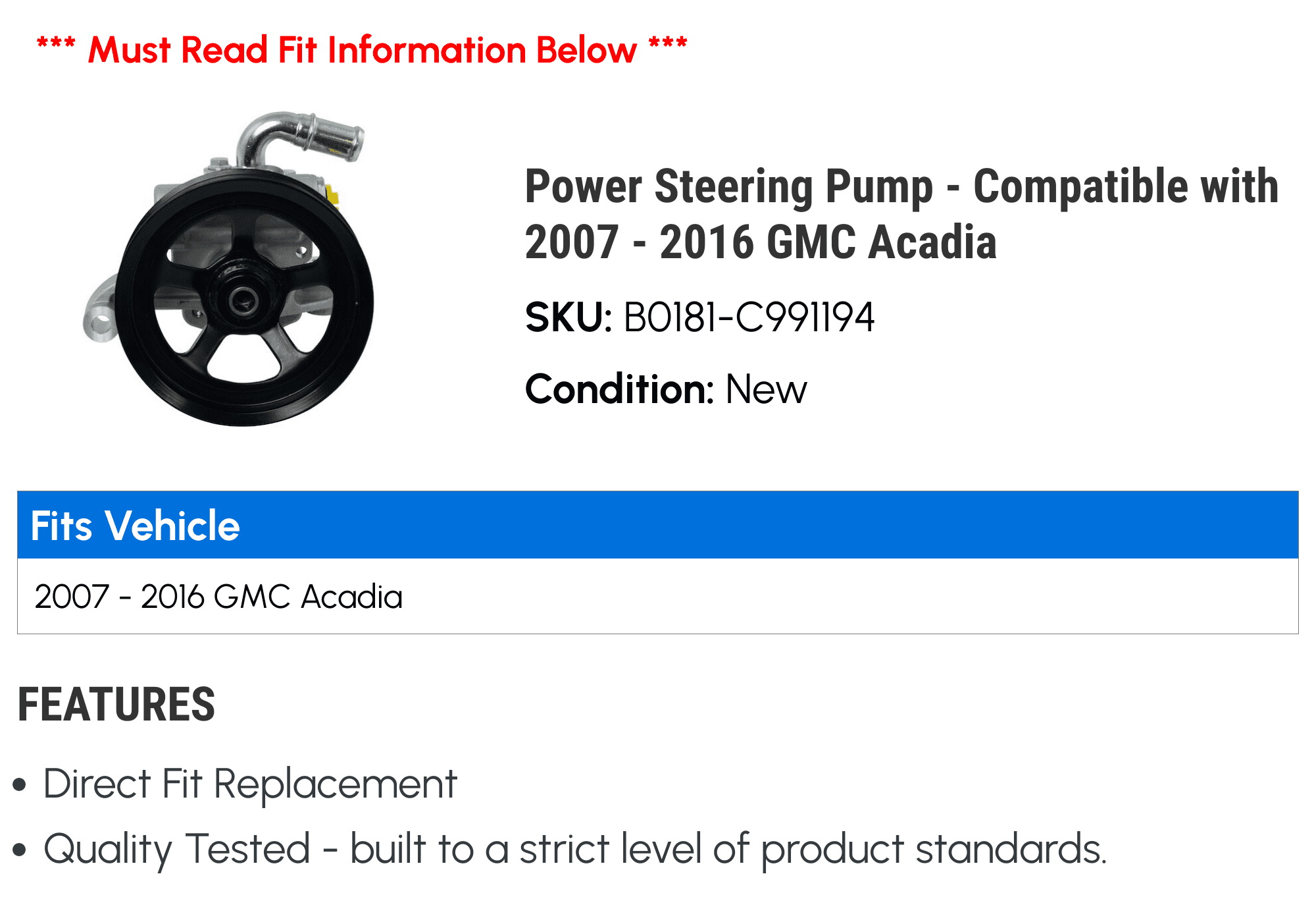 Power Steering Pump - Compatible with 2007 - 2016 GMC Acadia 2008 2009 2010 2011 2012 2013 2014 2015