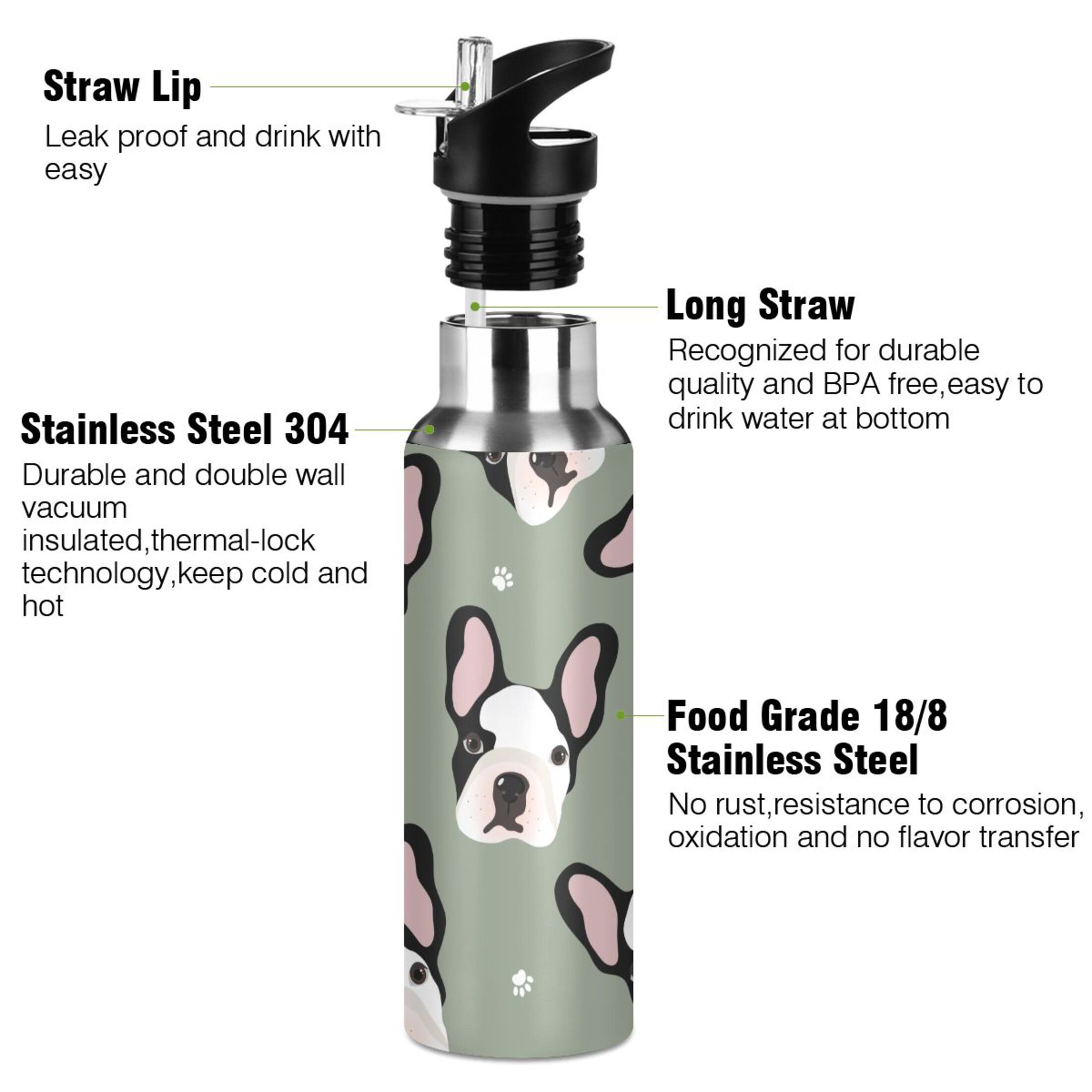 Water Bottle with Straw Lid Leak Cute Dog Puppies Stainless Steel Insulated Thermos Vacuum Flask for Cold Hot Drinking for Sports Camping Gym Yoga
