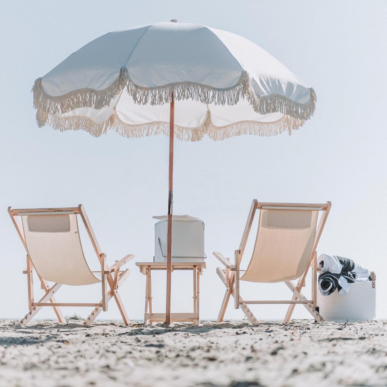 AMMSUN 6.5ft Boho Fringe Beach Umbrella with Tassel Premium Wood Pole UPF50+ UV Protection,White