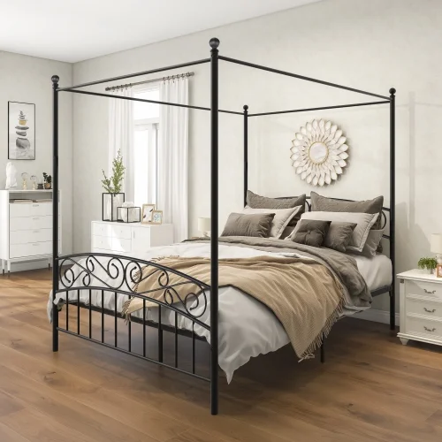 Queen Size Canopy Bed Frame with Headboard & Footboard, No Box Spring Needed, Black