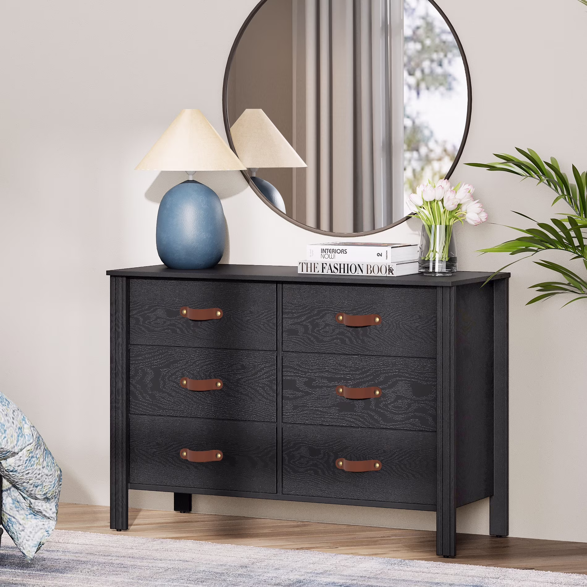 Classic Dresser for Bedroom, Wood Kids Dresser with 6 Drawers, Black Chest of Drawers for Living Room, Hallway