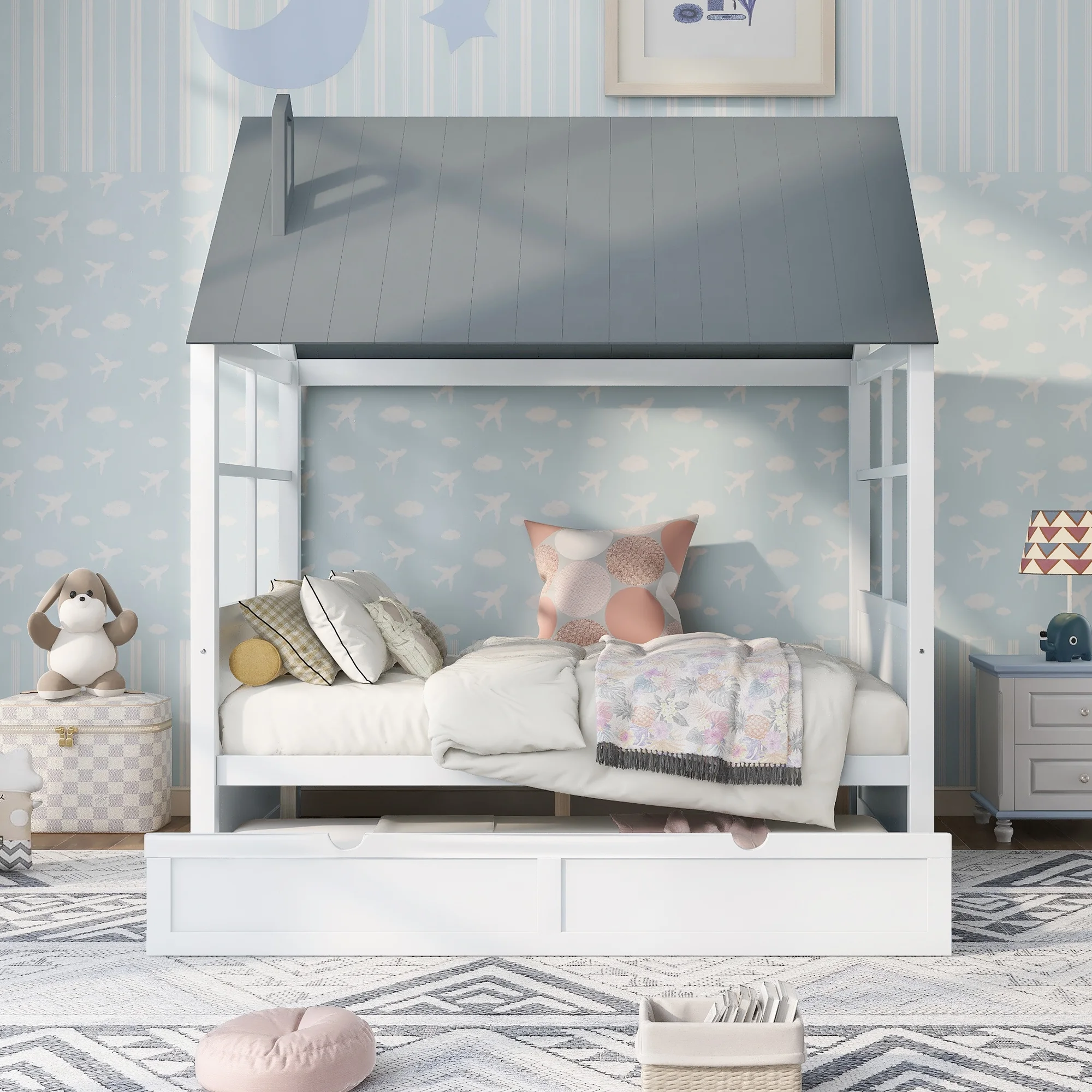 Full Size Log Cabin Bed with Double Size Casters Double Kids Bed Wooden Sofa Bed White Grey Roof Bedroom Living Room Furniture Decor (Grey)