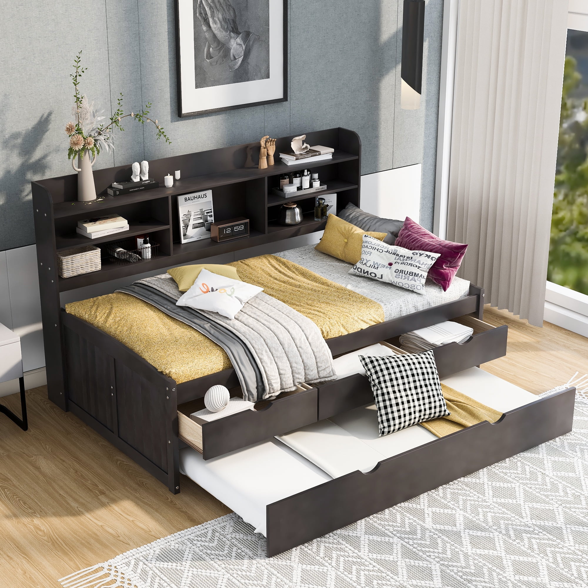 Euroco Wood Twin Size Daybed with Shelf, Trundle and Drawers, Wood Captin Platform Bed with Staorage, 3 Drawers and Trundle, Antique Gray