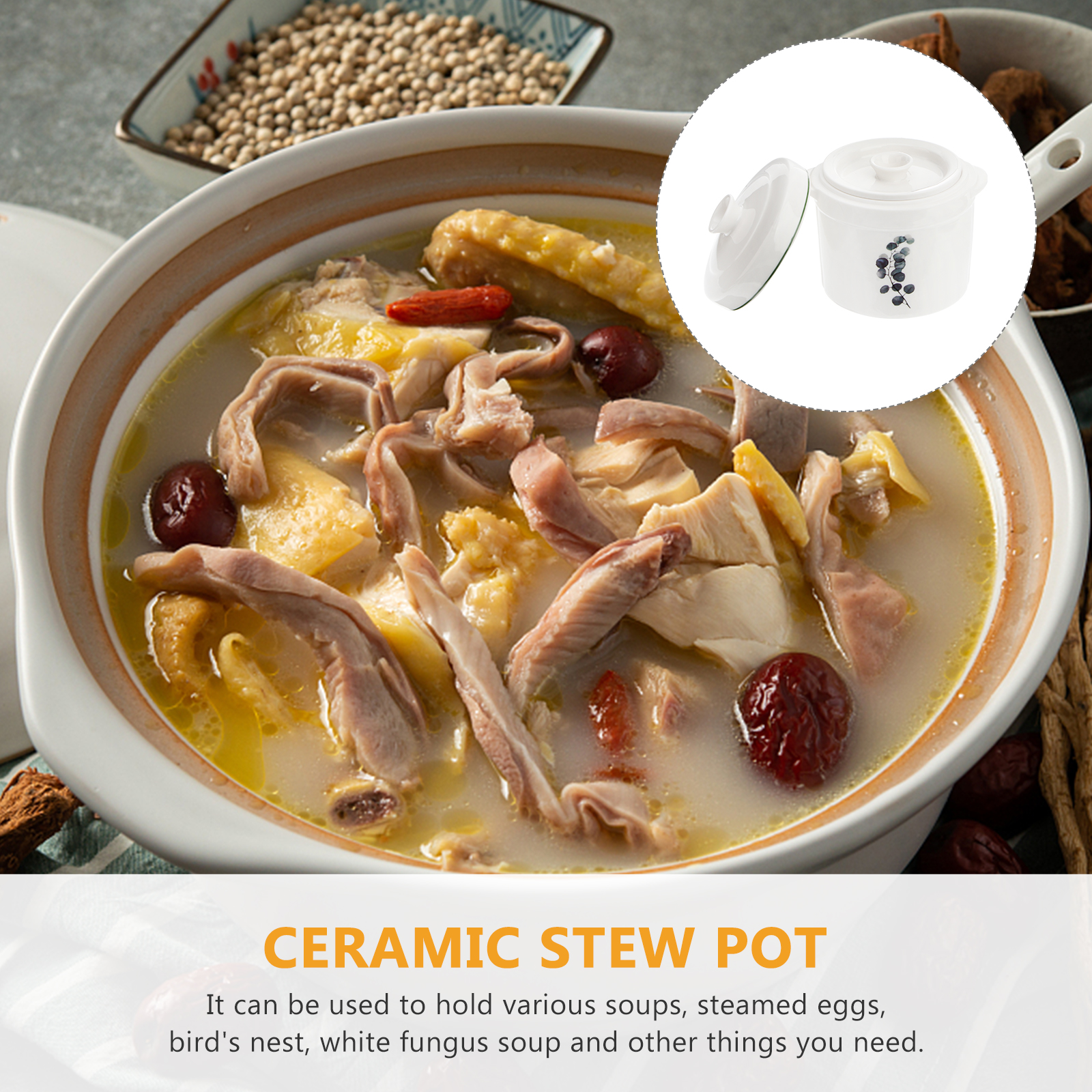 1Pc Ceramic Stew Pot Double Handles and Covers Soup Bowl Double Handles Bowl