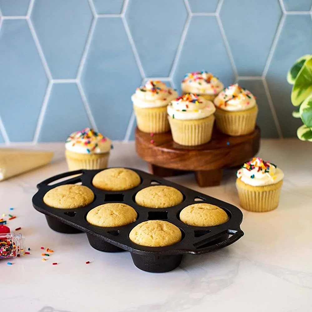 Lodge Cast Iron Muffin Pan, Pre-seasoned and Dual Handles, Made in USA, 6 Cups