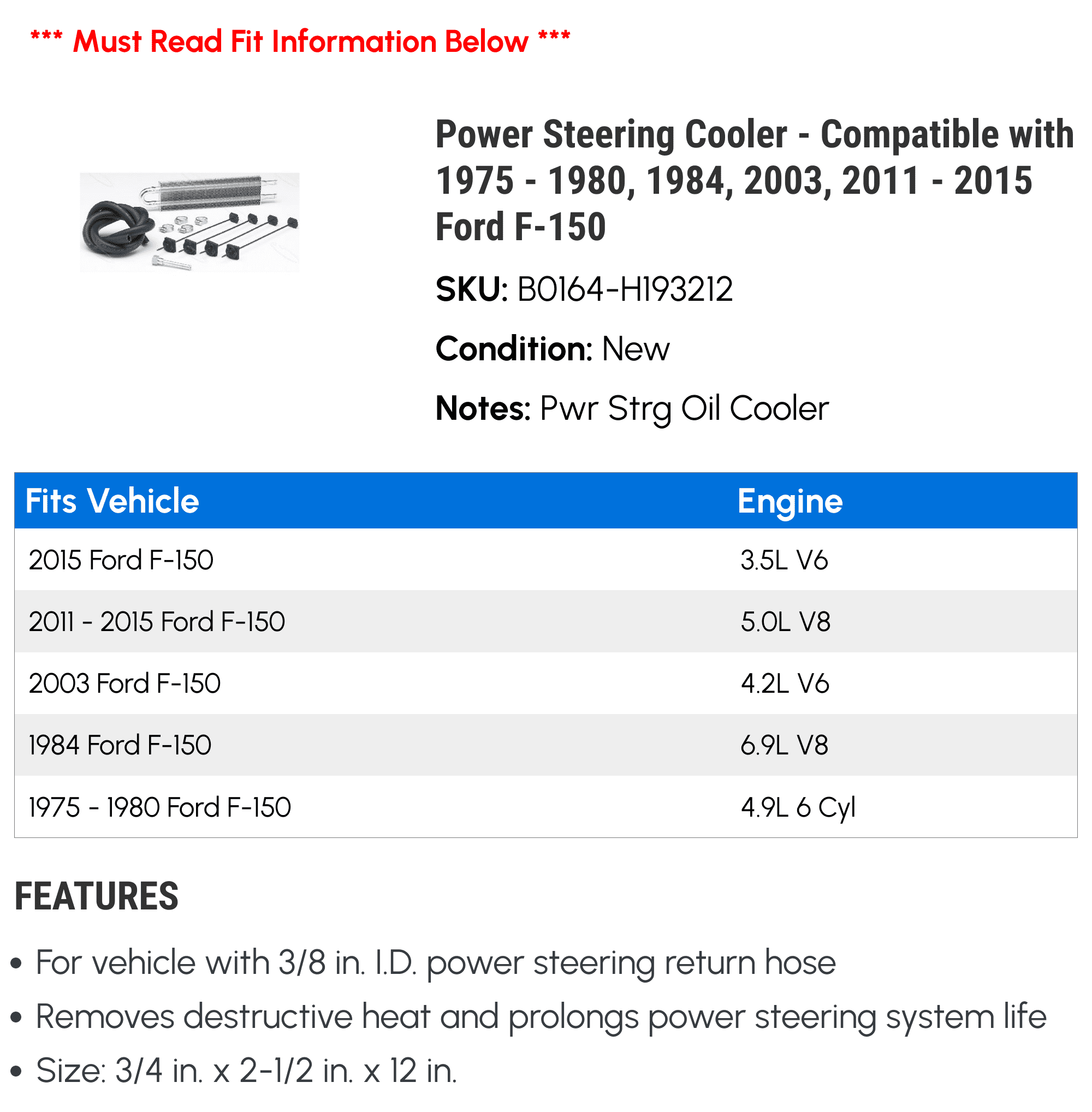 Power Steering Cooler - Compatible with 1975 - 1980, 1984, 2003, 2011 - 2015 Ford F-150 1976 1977 1978 1979 2012 2013 2014