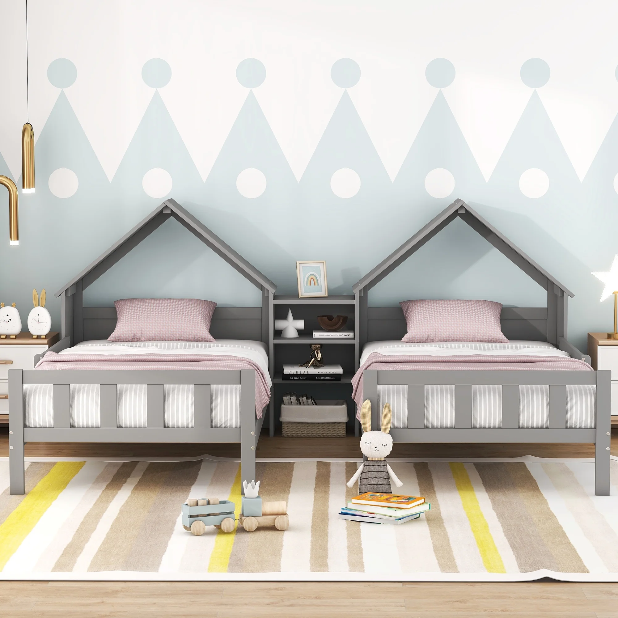 Euroco Twin Size Wood House Platform Bed, Two Beds in One with Desk and Shelf, 2 Platform Beds for More Kids, Gray