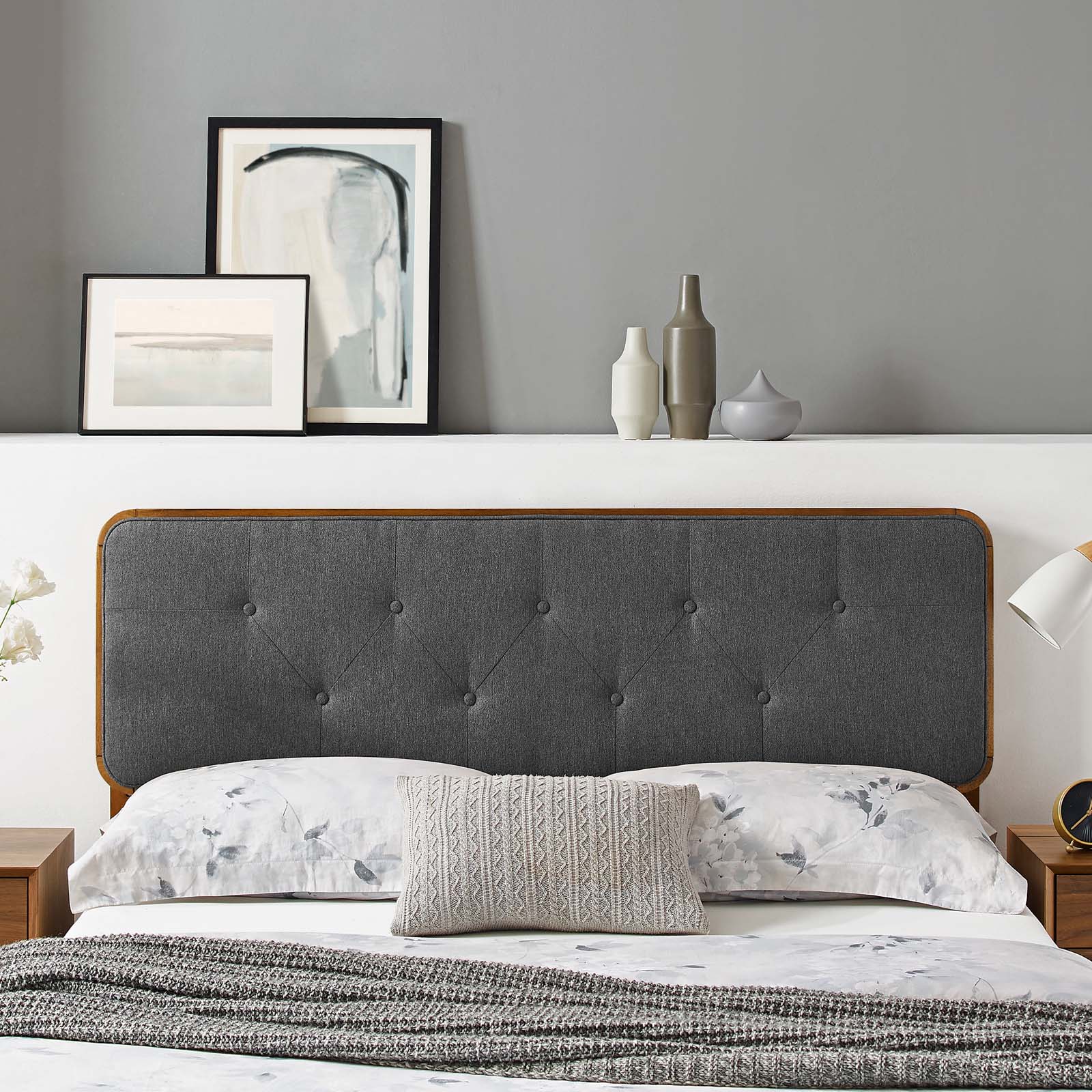 Modway Collins Tufted Queen Fabric and Wood Headboard in Walnut Charcoal