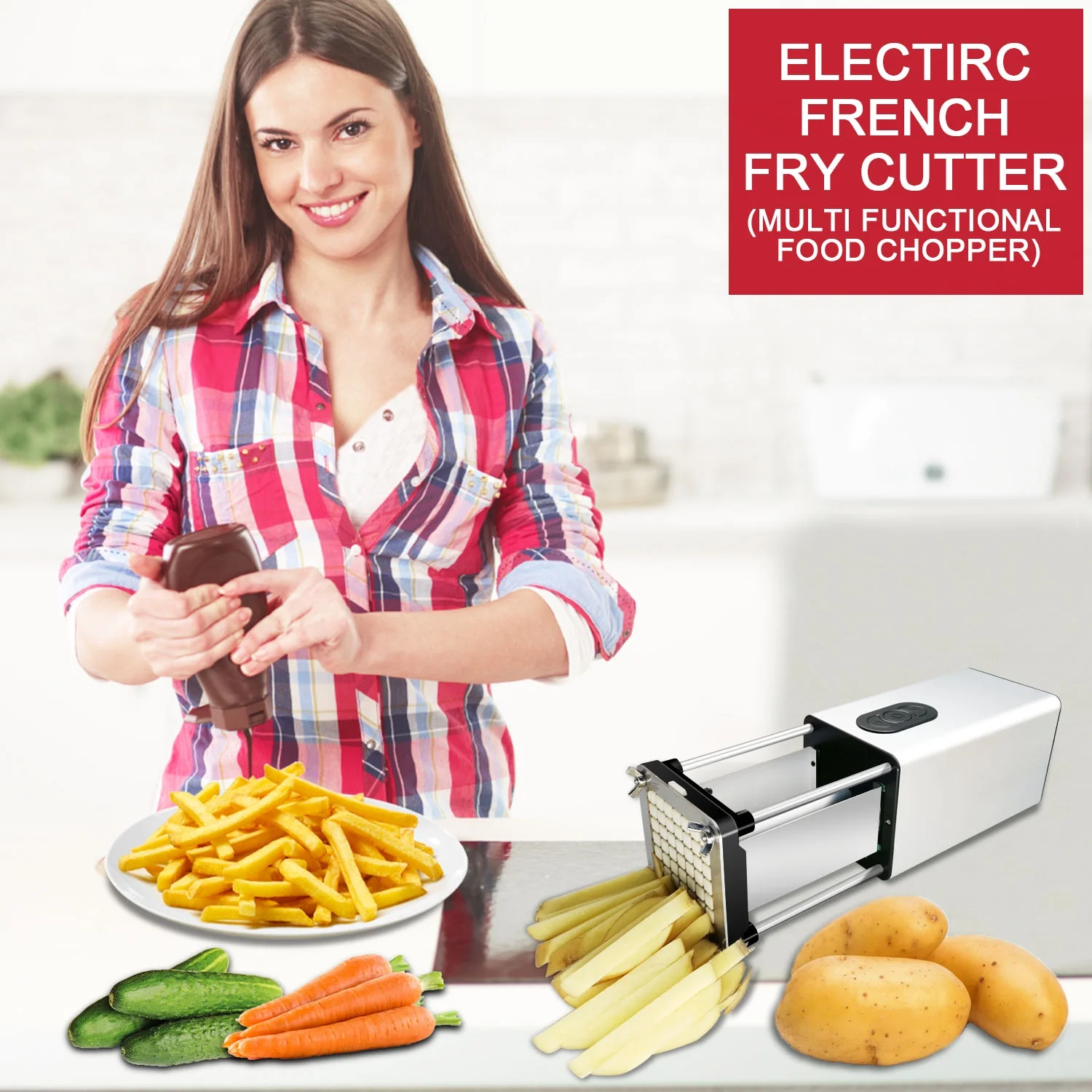 Fstcrt Electric French Fry Cutter, Professional potato slicer, French fry cutter stainless steel with 1/2-Inch & 3/8-Inch blade, Electric potato cutter, Suitable for potatoes, carrots, apples, etc