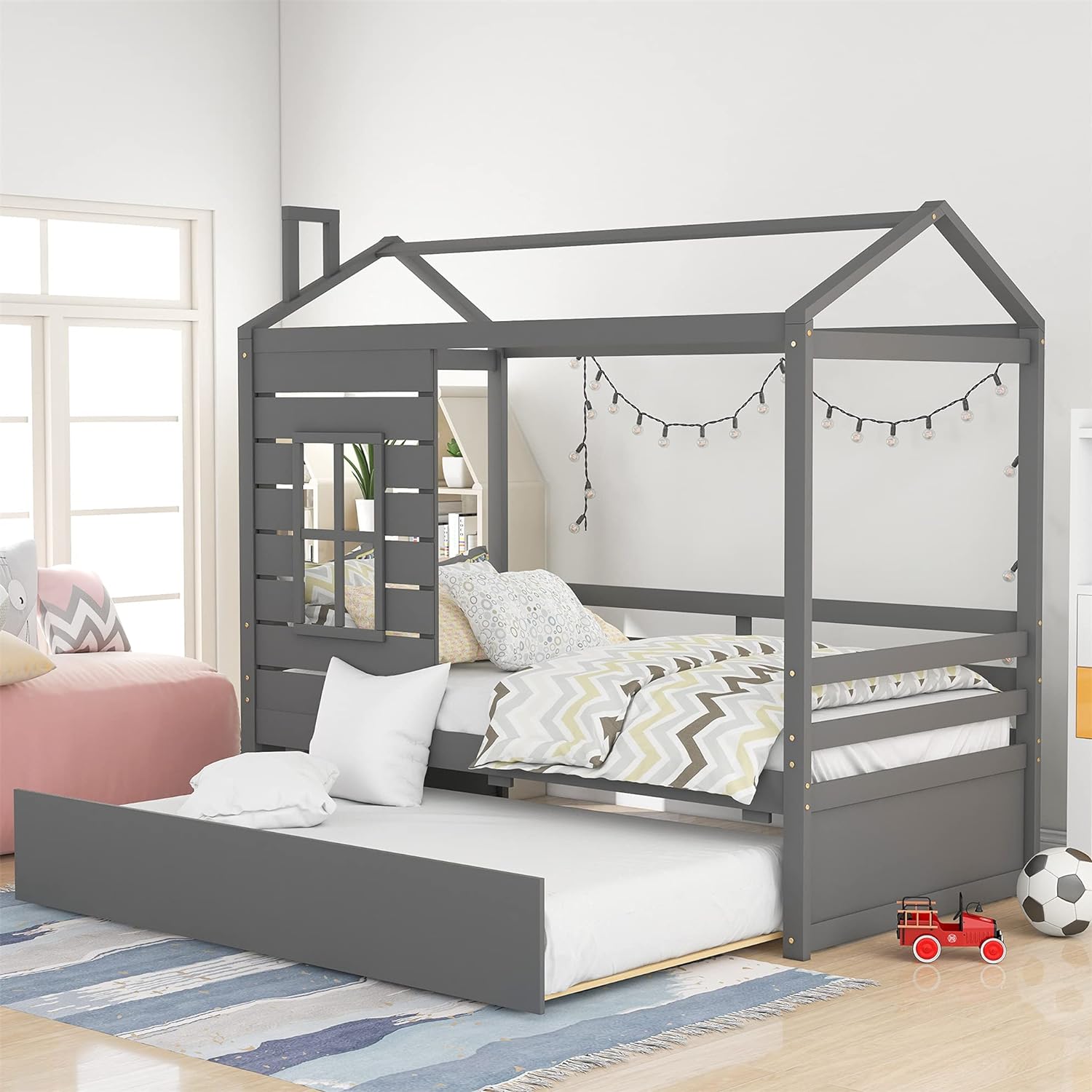 House Bed Wood Bed With Trundle, Bed With Trundle, For Kids Teens Girls Boys (Gray)