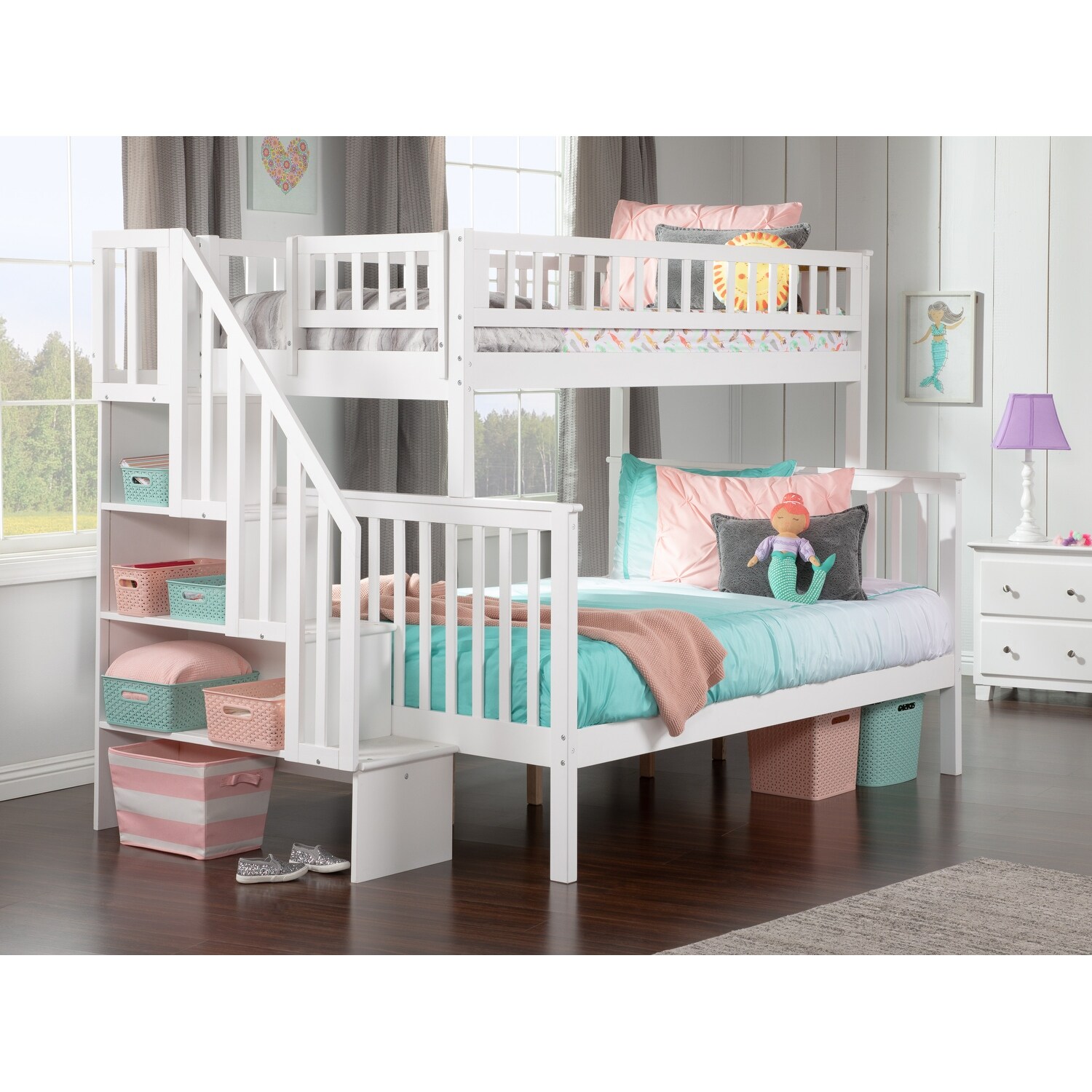AFI Woodland Staircase Bunk Bed Twin over Full in White
