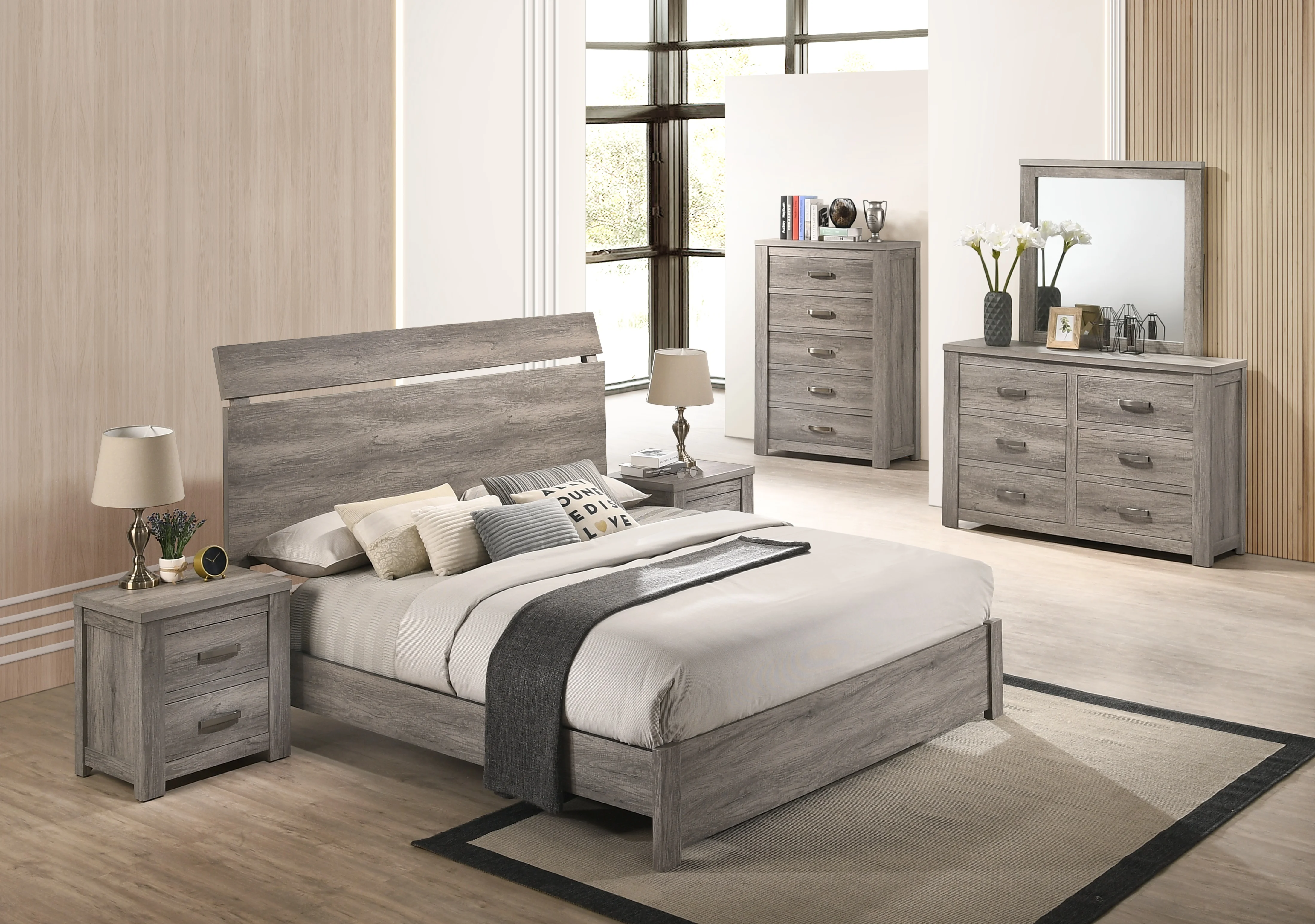 Roundhill Furniture living room Floren Contemporary Weathered Gray Wood Bedroom Set, King Panel Bed, Dresser, Mirror, Two Nightstands, Chest