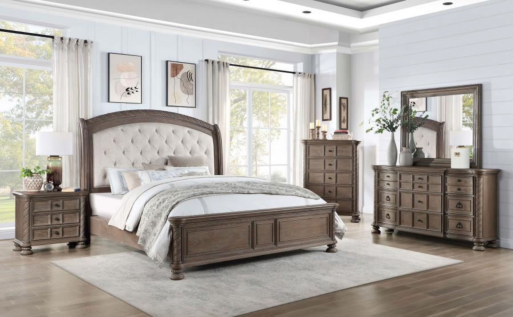 Coaster Emmett Wood Tufted Headboard Queen Panel Bed in Walnut and Beige