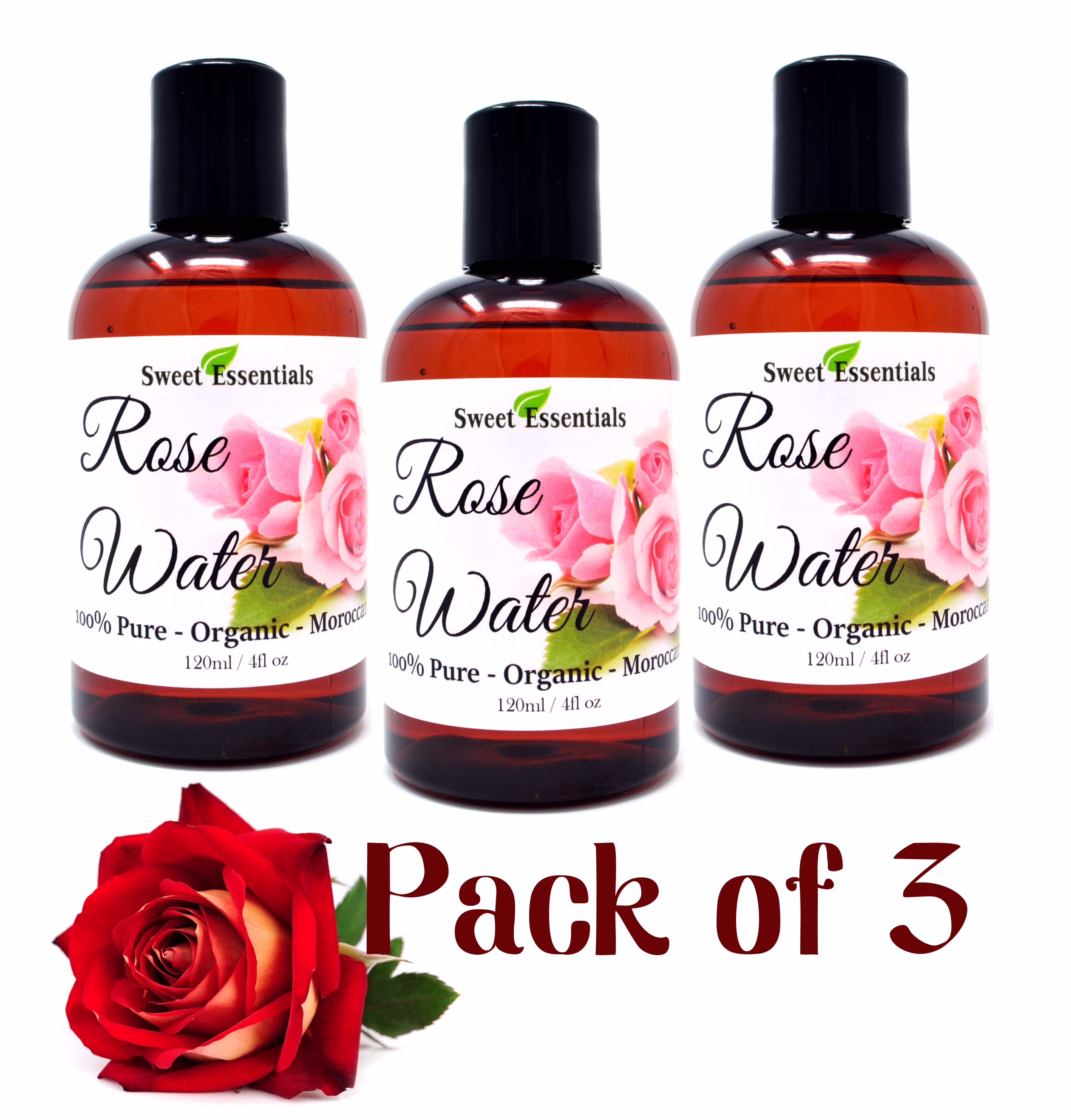 PACK of 3 Premium Organic Moroccan Rose Water - 4oz - Imported From Morocco - 100% Pure (Food Grade) No Oils or Alcohol - Rich in Vitamin A & C Perfect for Hydrating & Rejuvenating Your Face & Neck