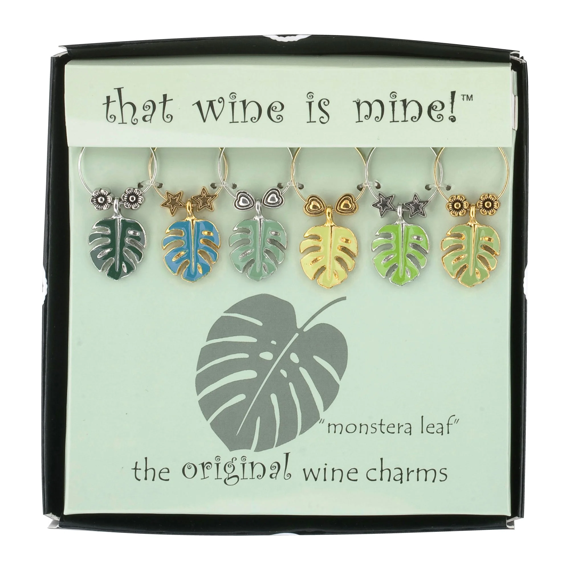 Wine Things 6-Piece Wine Charms/Wine Glass Tags/Drink Markers for Stem Glasses, Wine Tasting Party (Monstera Leaf)