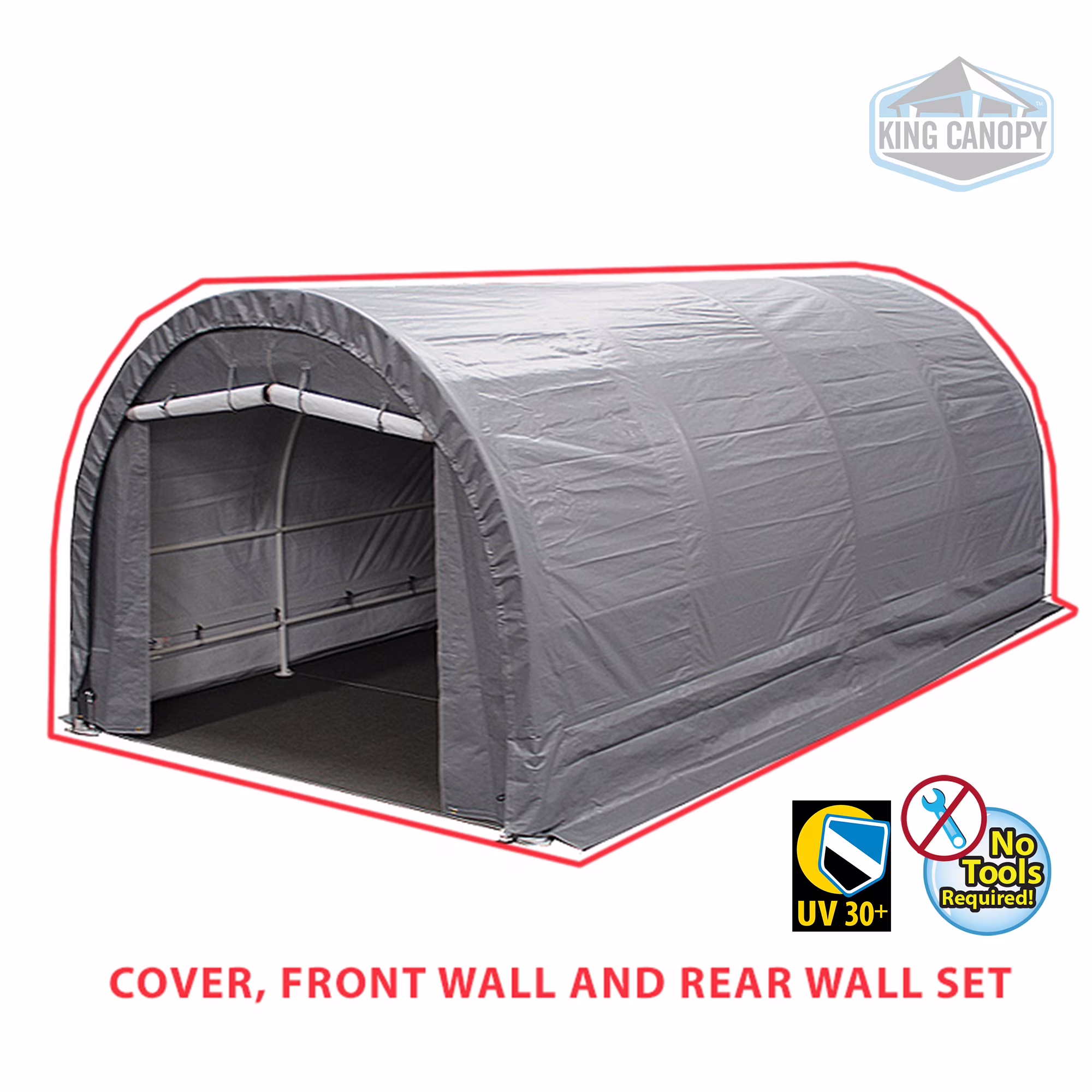 King Canopy 10 ft x 20 ft Silver Dome Carport Garage Cover And Front/Rear Wall Set