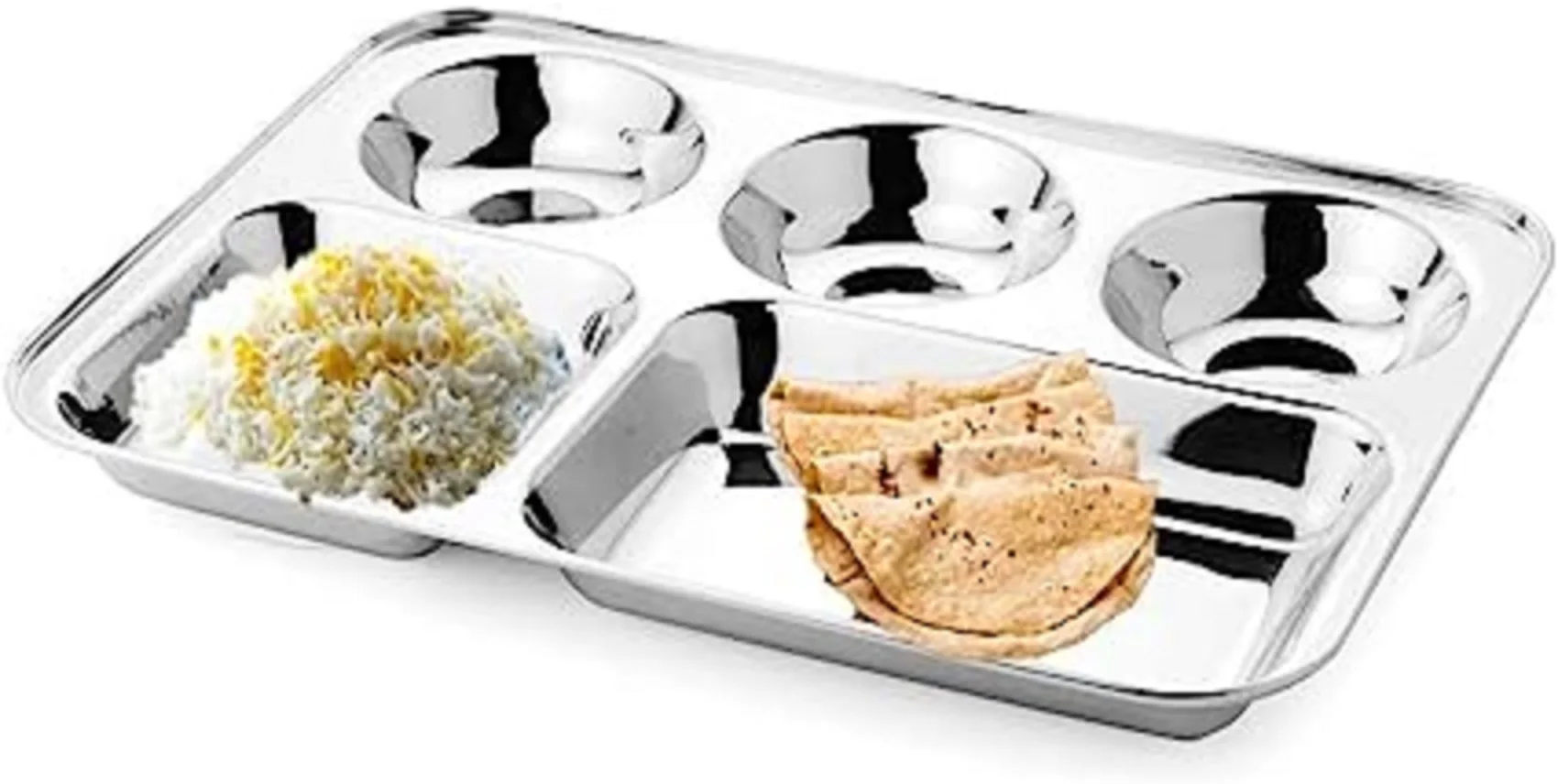 WhopperIndia Stainless Steel 5 Compartment Plate, Mess Tray, Dinner Plate, camping thali, restaurant thali, serving plate, Set of 6 pcs- 13 inch, (Silver)