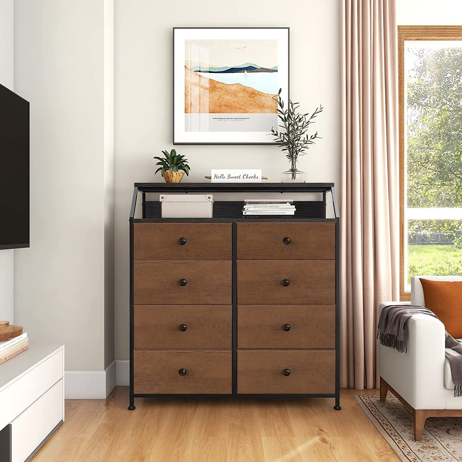 RUNFAYBIU 8 Drawer Steel Frame Wood Top  Organizer Dresser for Closet  Living Room  and Entryway with 2 Additional Drawer Organizers  Espresso