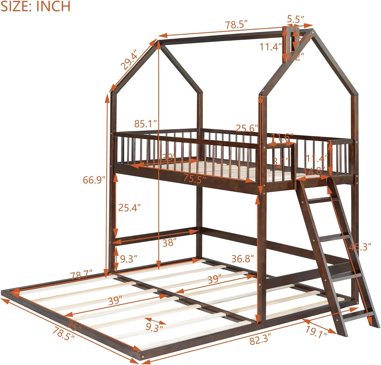 Twin Over Twin House Bunk Bed with Extending Trundle and Ladder, Wooden Bunk Bed Frame for Kids Teens Girls Boys